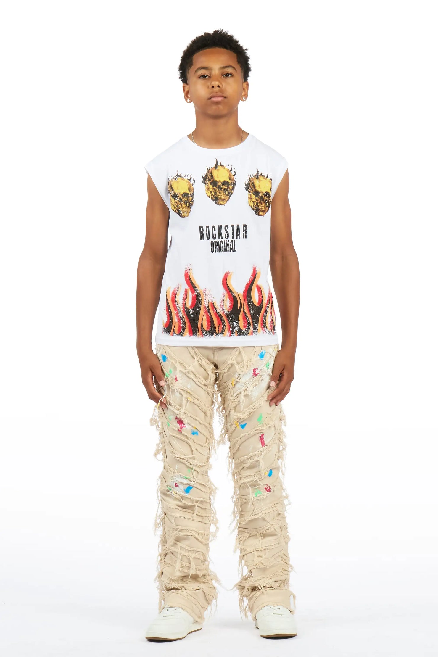 Boys Charly 2.0 Beige Stacked Painter Flare Jean