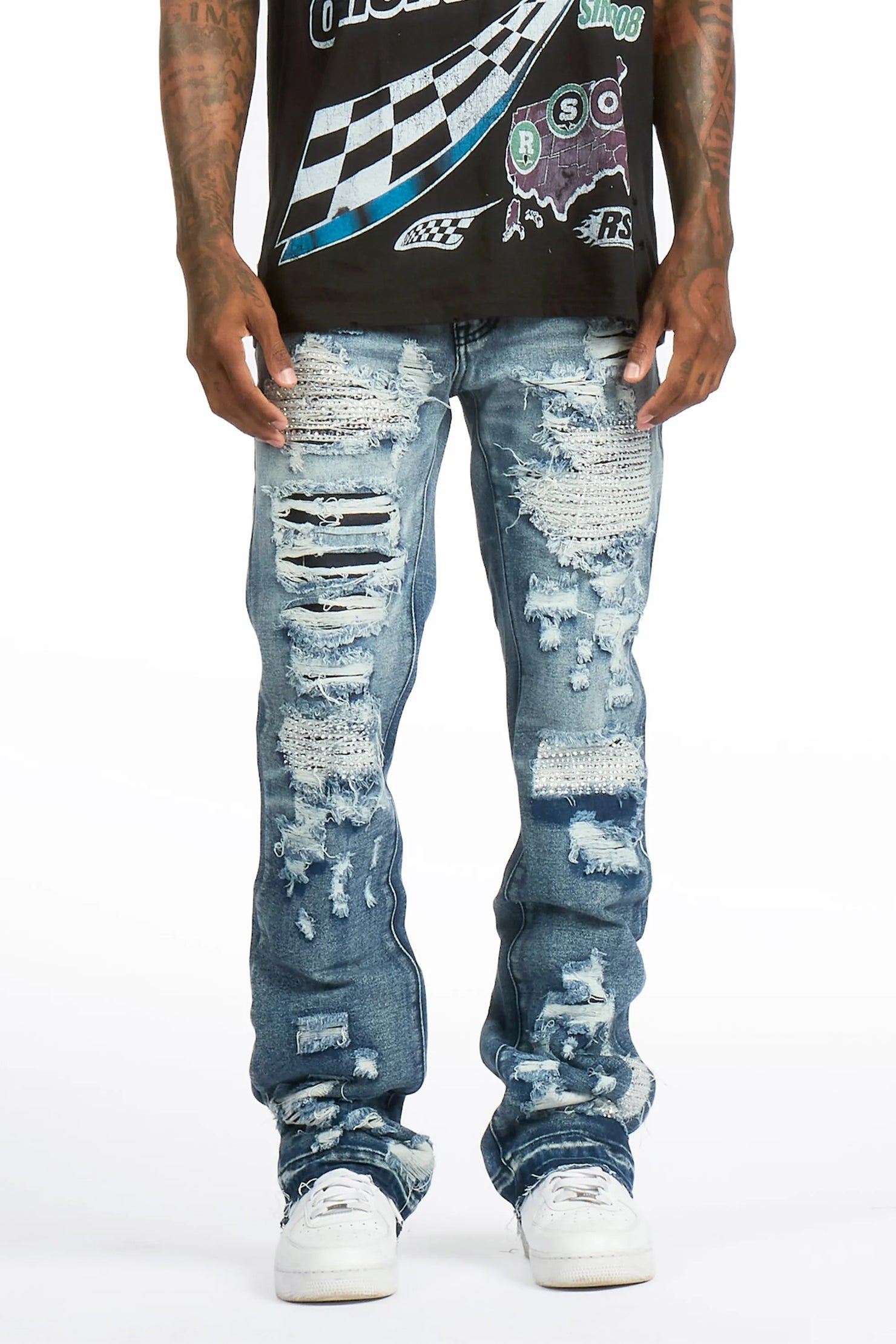 Mathey Medium Blue Rhinestone Stacked Fit Jean