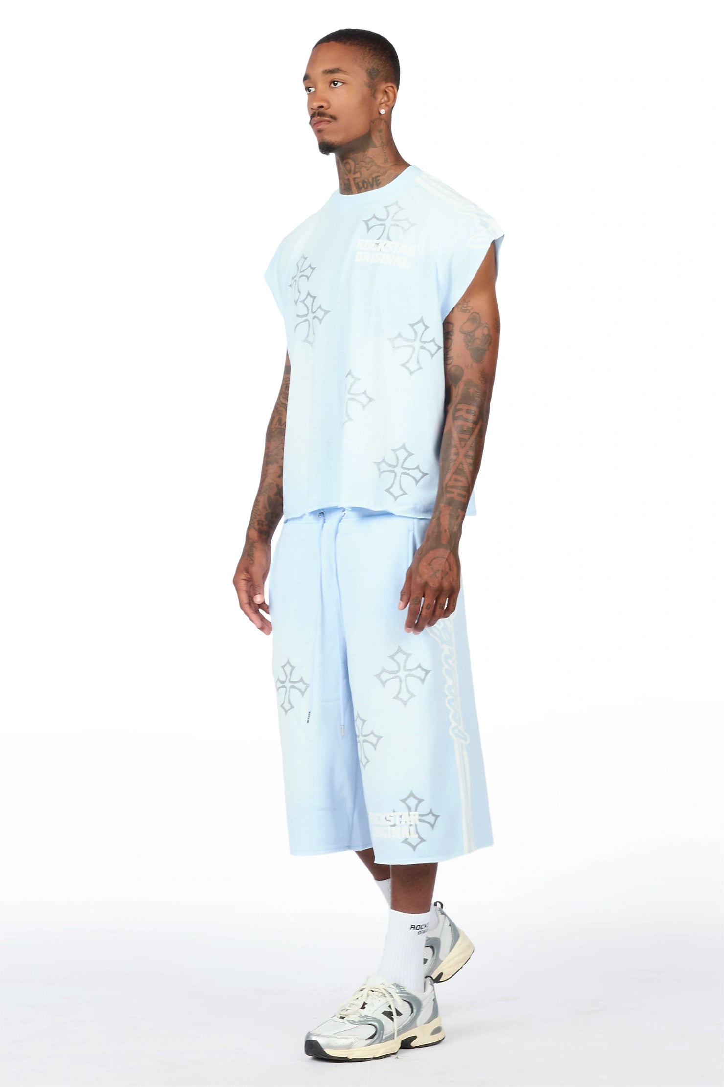 Osso Sky Blue Cut Sleeve T-Shirt Double Waisted Jort Set