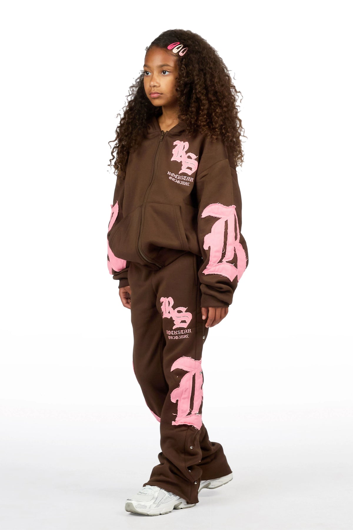 Girls Shironda Brown/Pink Zip Up Hoodie Stacked Track Set