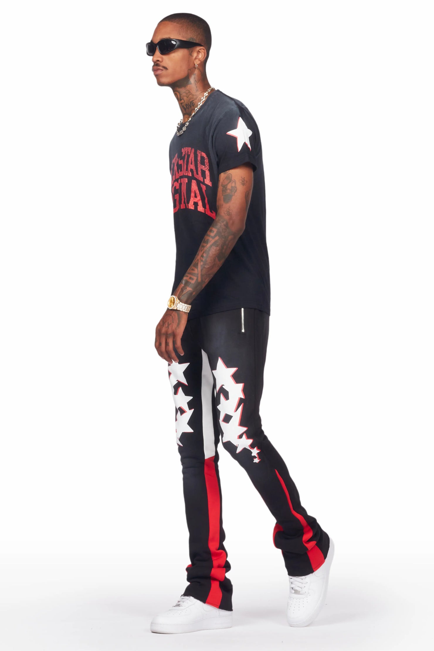 Shiny Black T-Shirt/Stacked Flare Track Set