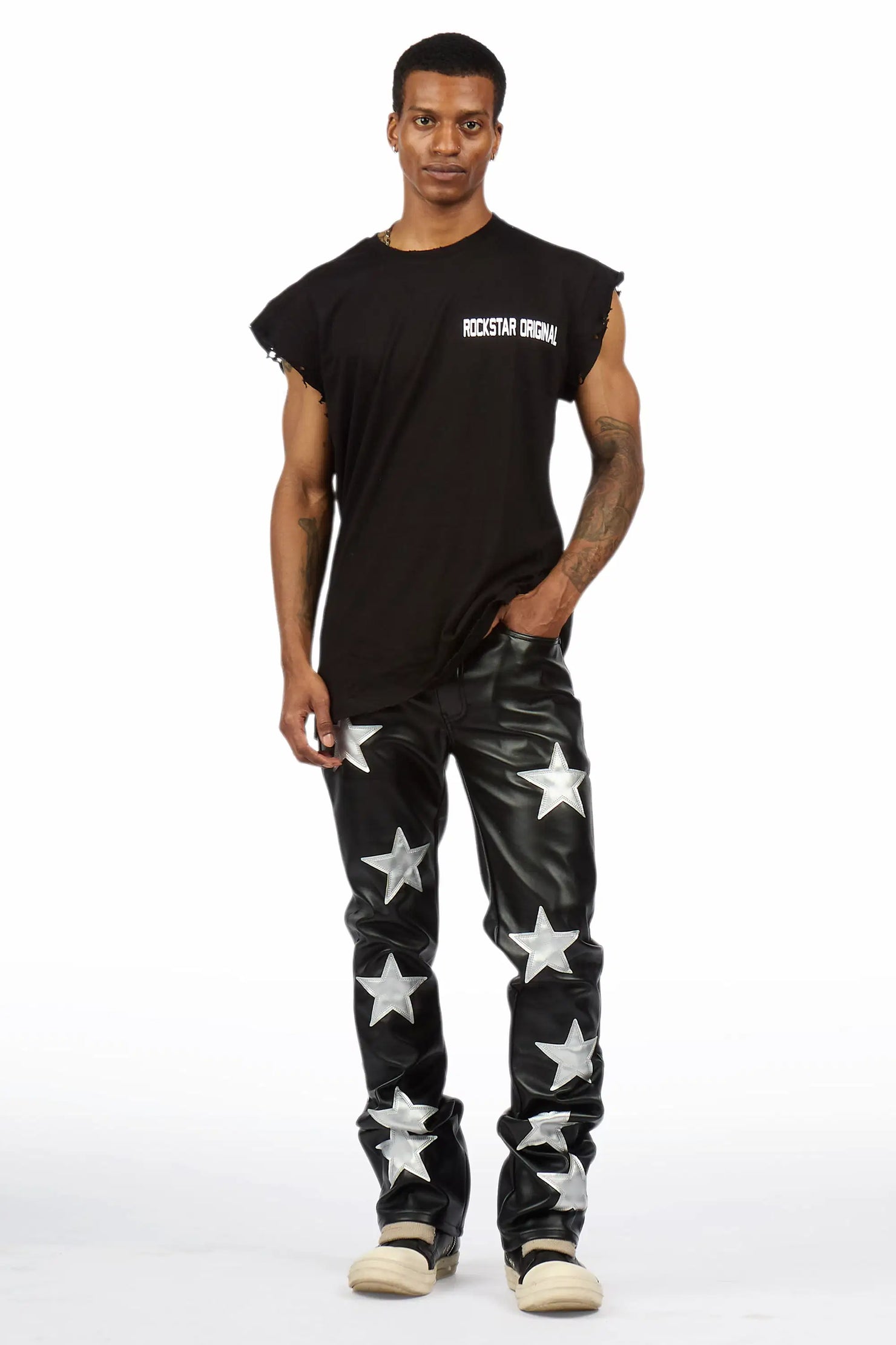 Steen Black/Silver PU Stacked Flare Jean