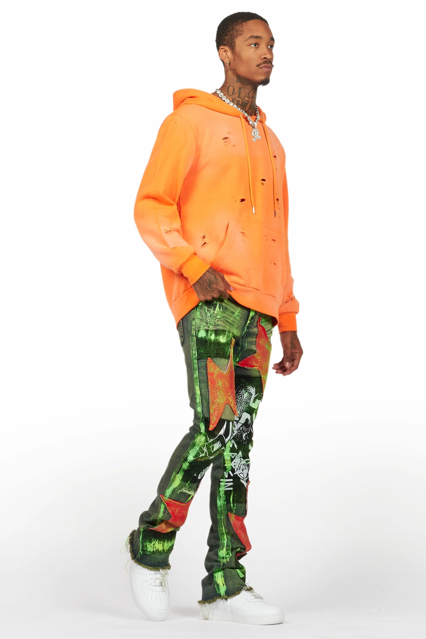 Valko Blue/Green Roller Paint Stacked Flare Jean