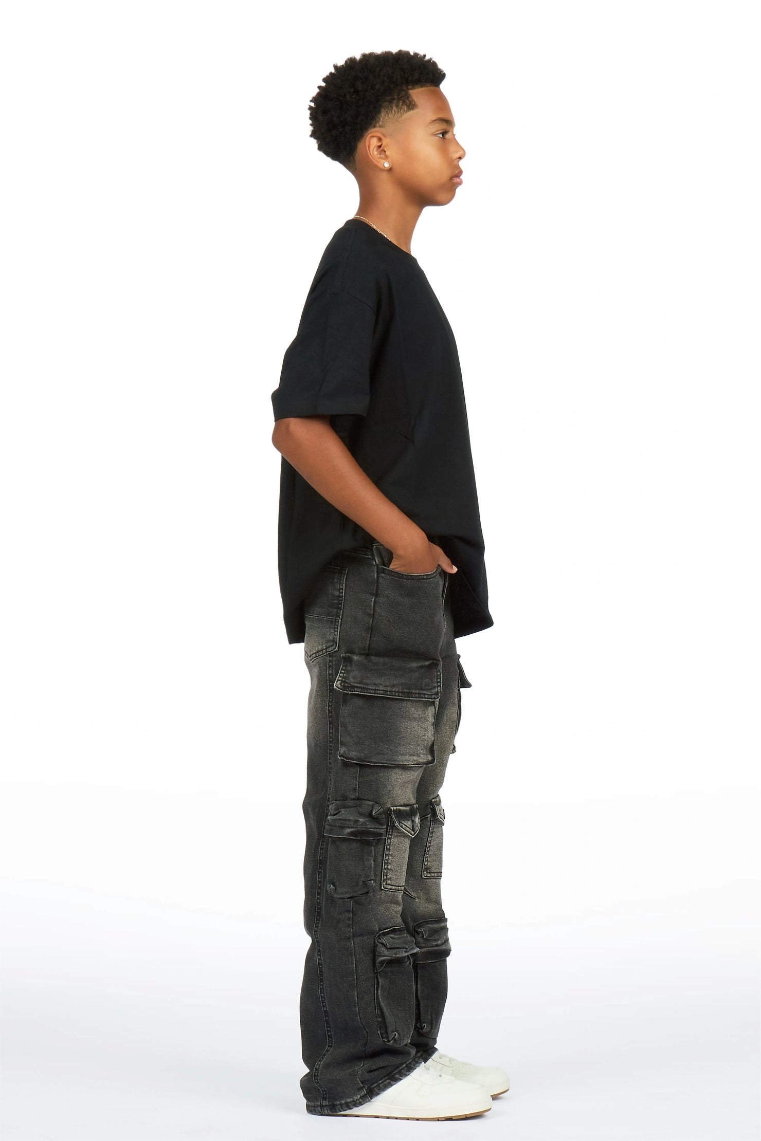 Boys Mahesh Dark Grey Tint Wash  Baggy Cargo Jean