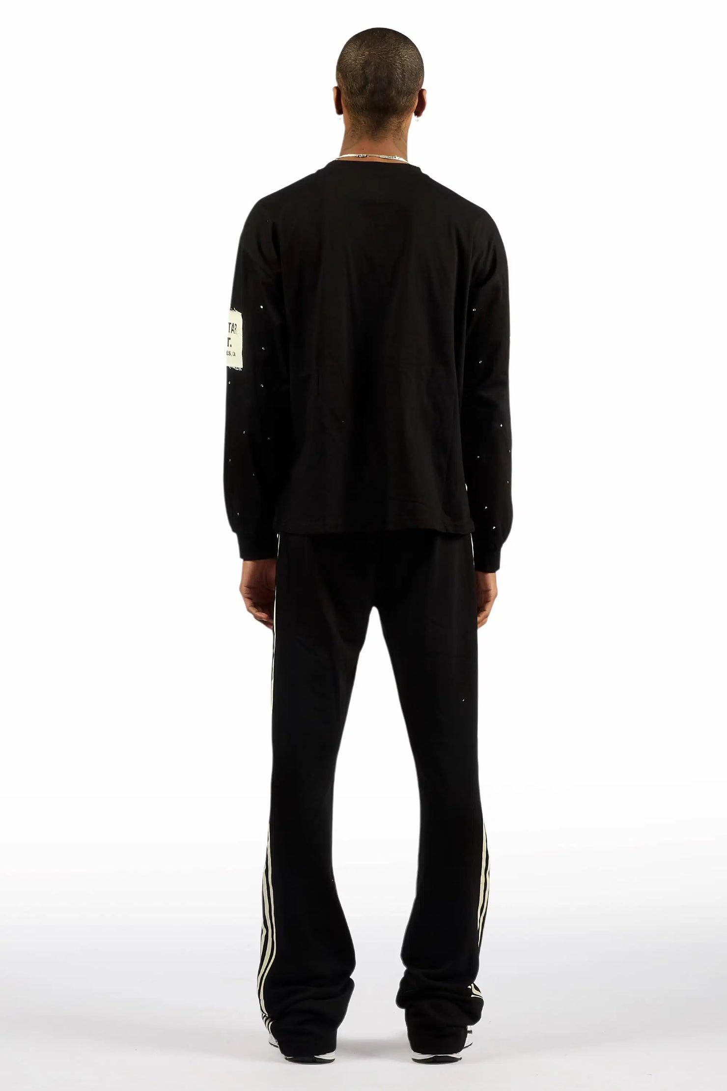 Yulian Black Rhinestone Long Sleeve T-Shirt/Baggy Stacked Track Set
