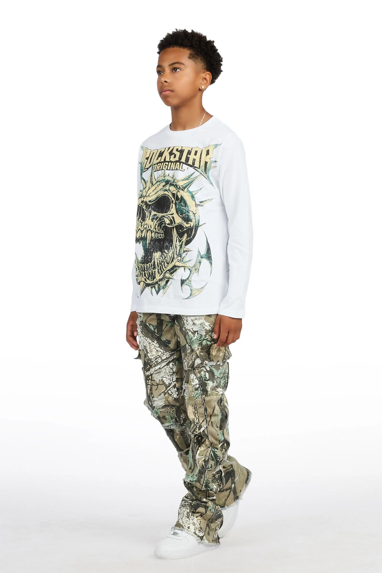 Boys Boos White/Tree Camo Long Sleeve T-shirt Stacked Jean Set