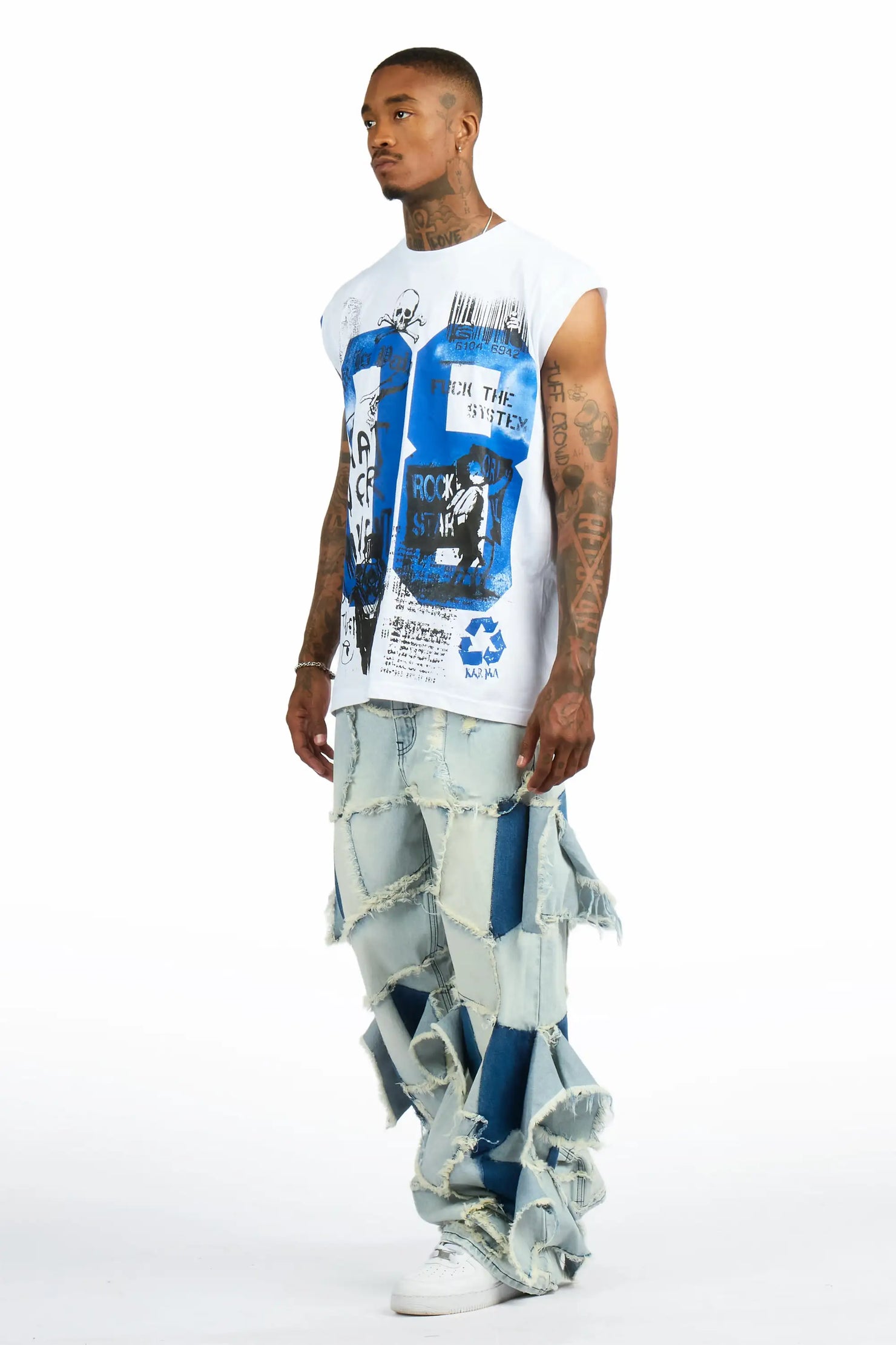 Grill 3.0 White/Blue Oversized Graphic T-Shirt & Jacomus Baggy Fit Jean Set