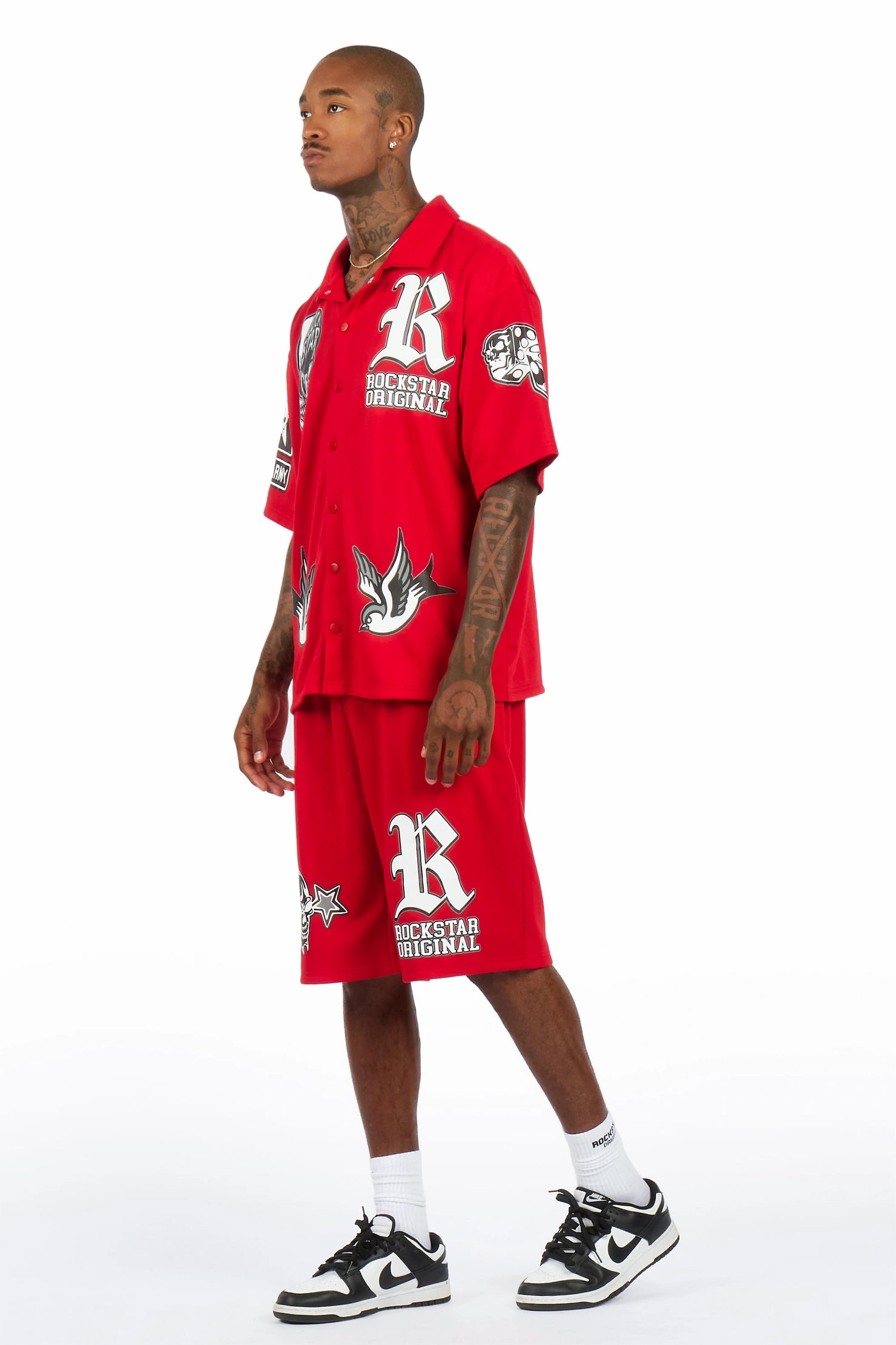 Vidar Red Button Down T-Shirt/Short Set