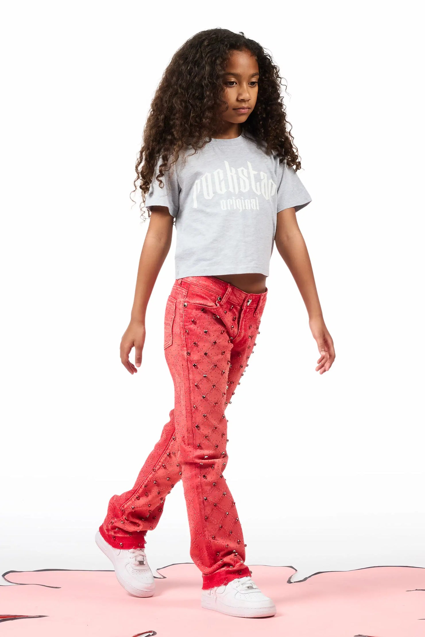 Girls Glit Red Rhinestone Stacked Flare Jean