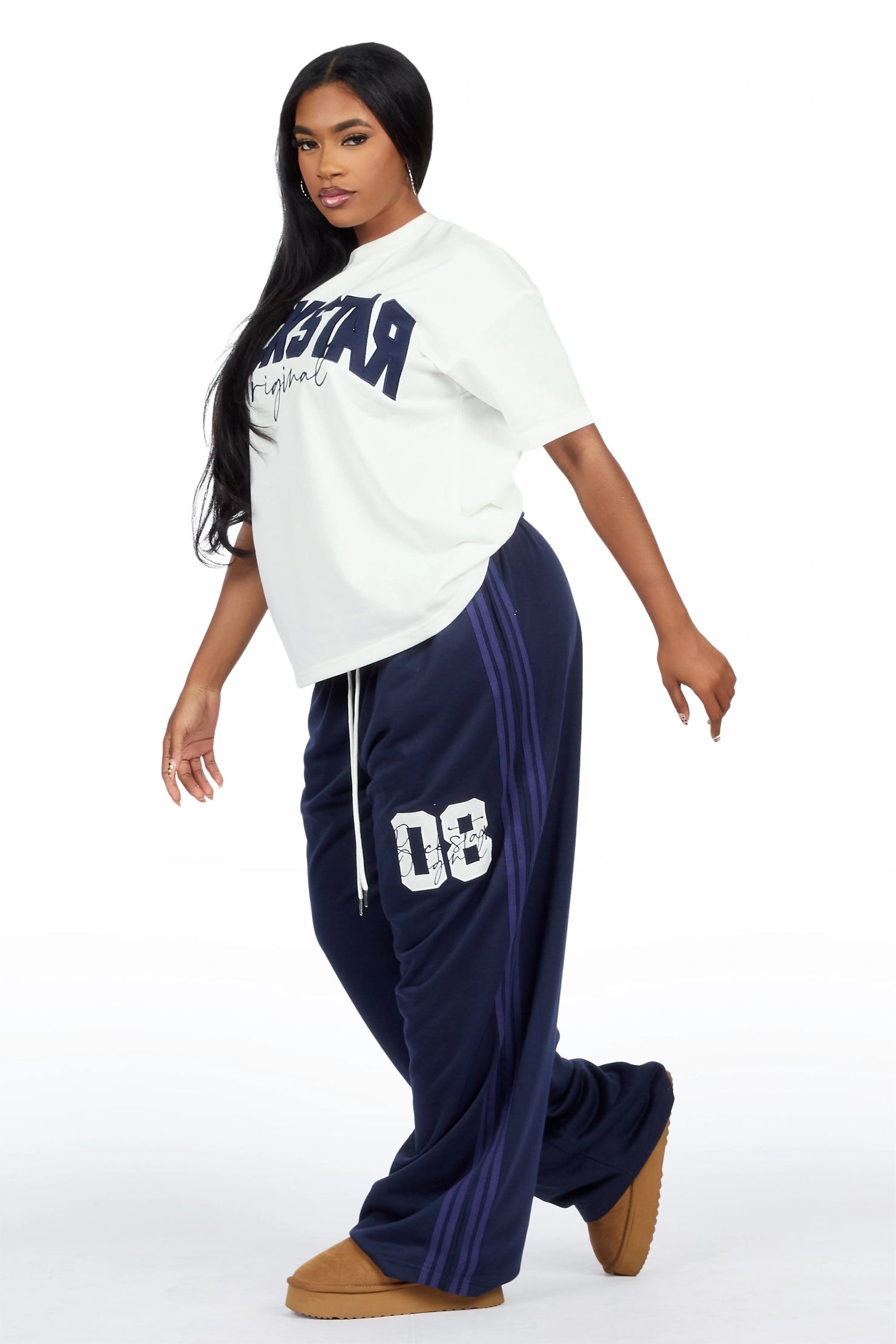 Cheyane White/Navy French Terry Chenille Tee/ French Terry Relaxed Track Set