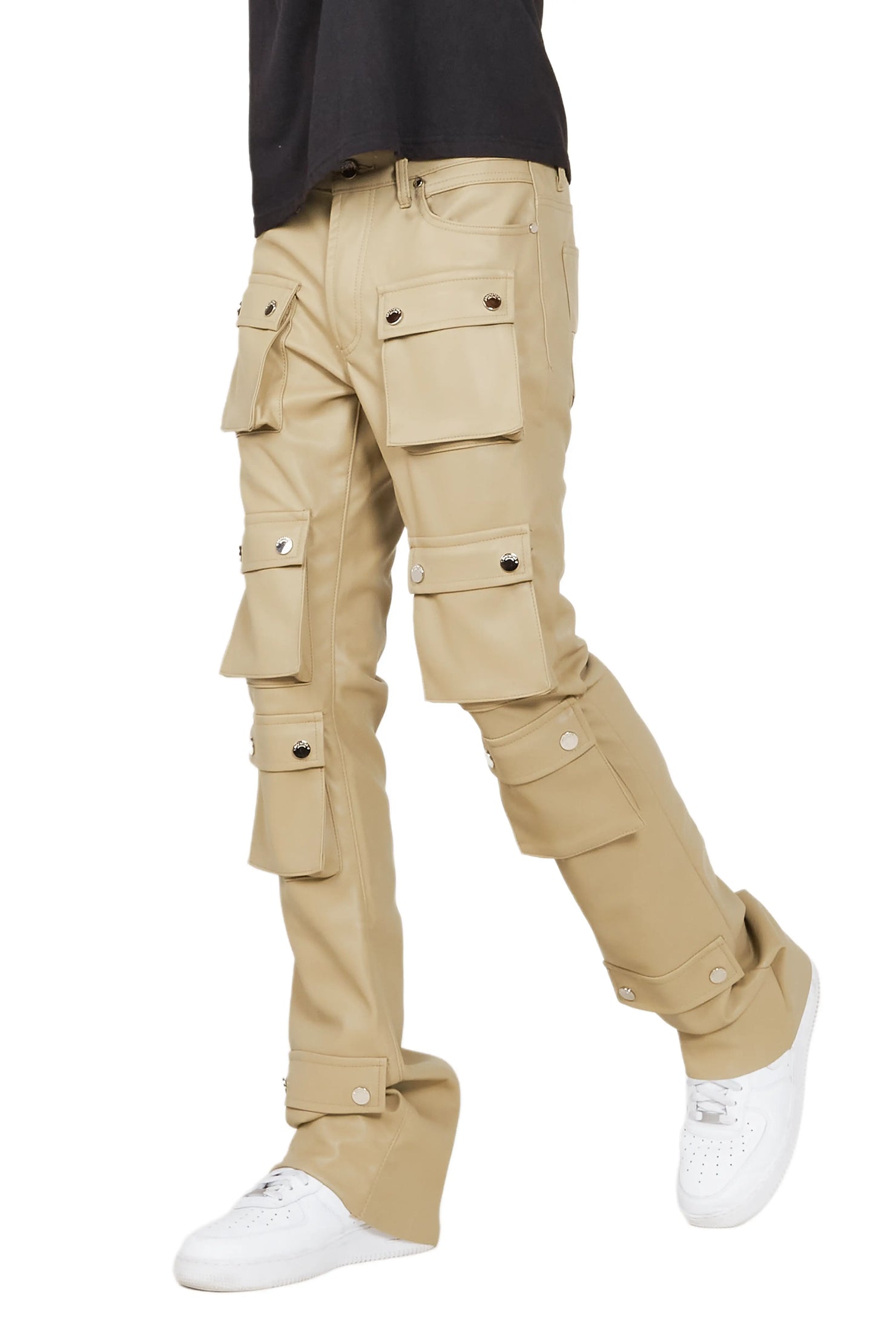 Remi Beige Faux Leather Stacked Flare Jean