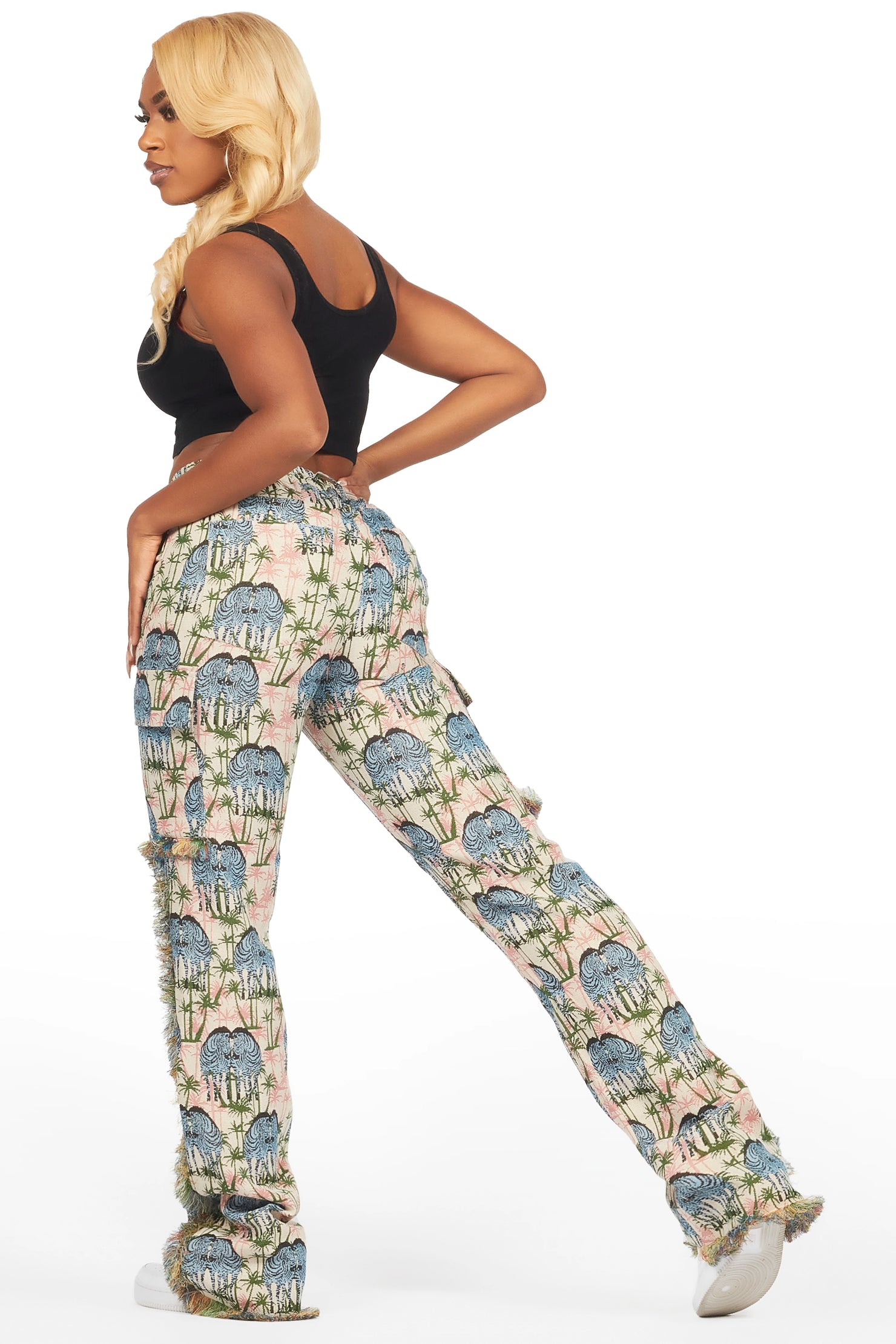 Zeontee Pink Animal Print Cargo Tapestry Stacked Pant