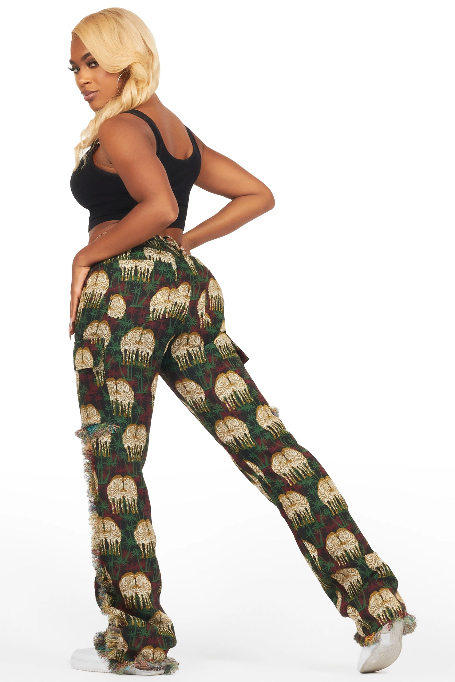 Zeontee Black Animal Print Cargo Tapestry Stacked Pant