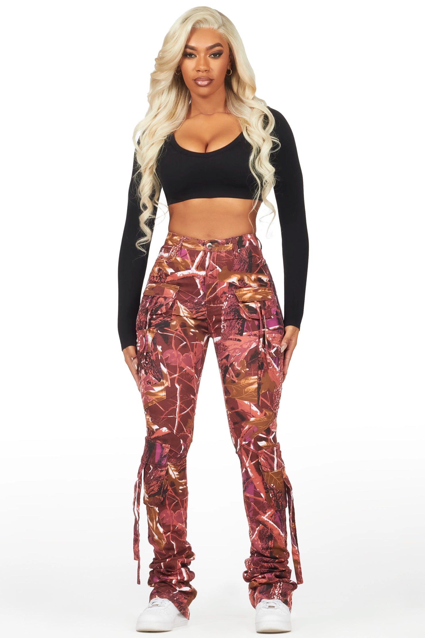 Rakesha Burgundy Tree Camo Cargo Super Stacked Jean