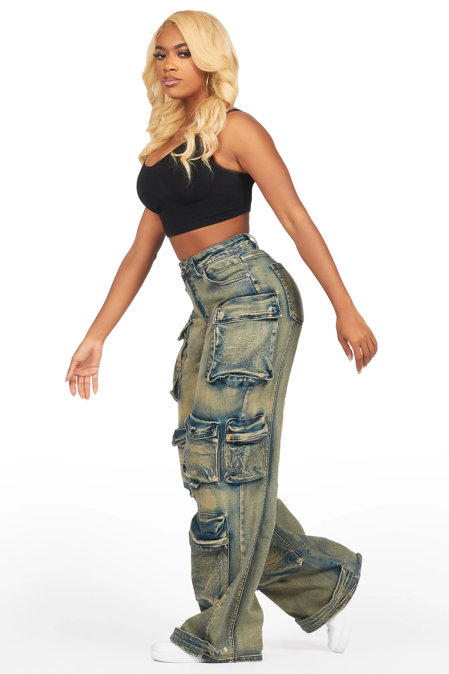 Nakia Tinted Dark Wash Cargo Wide Leg Jean