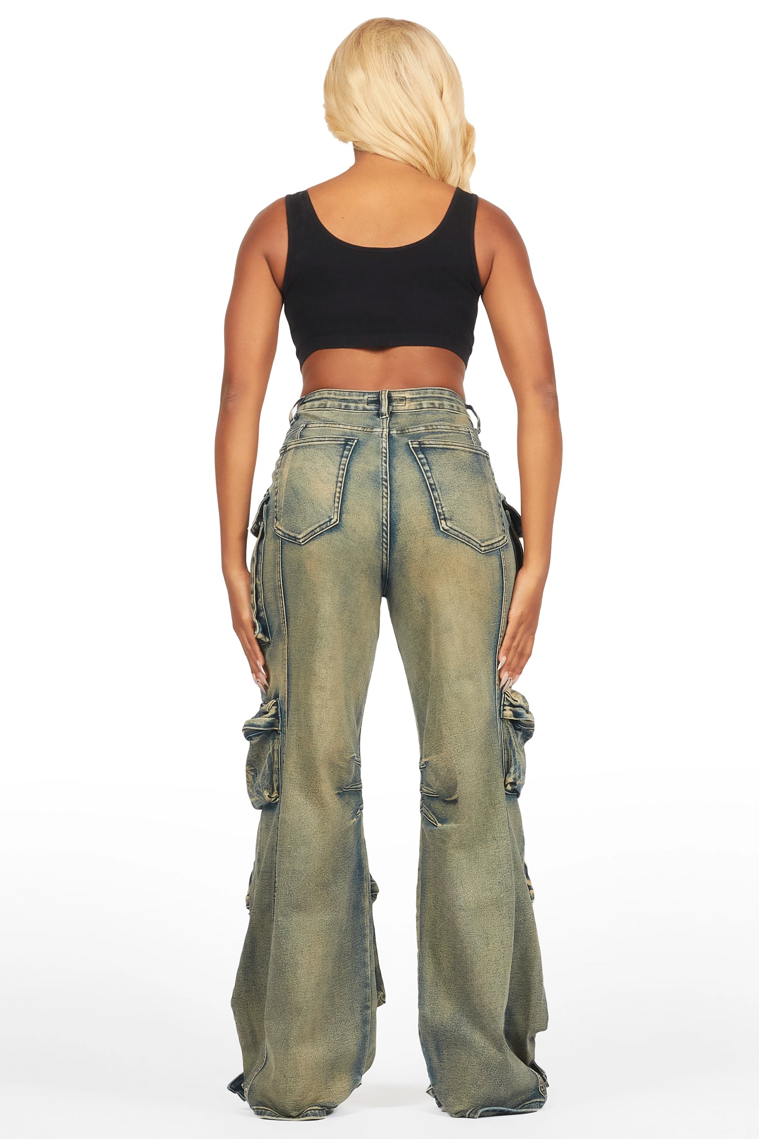 Nakia Tinted Dark Wash Cargo Wide Leg Jean
