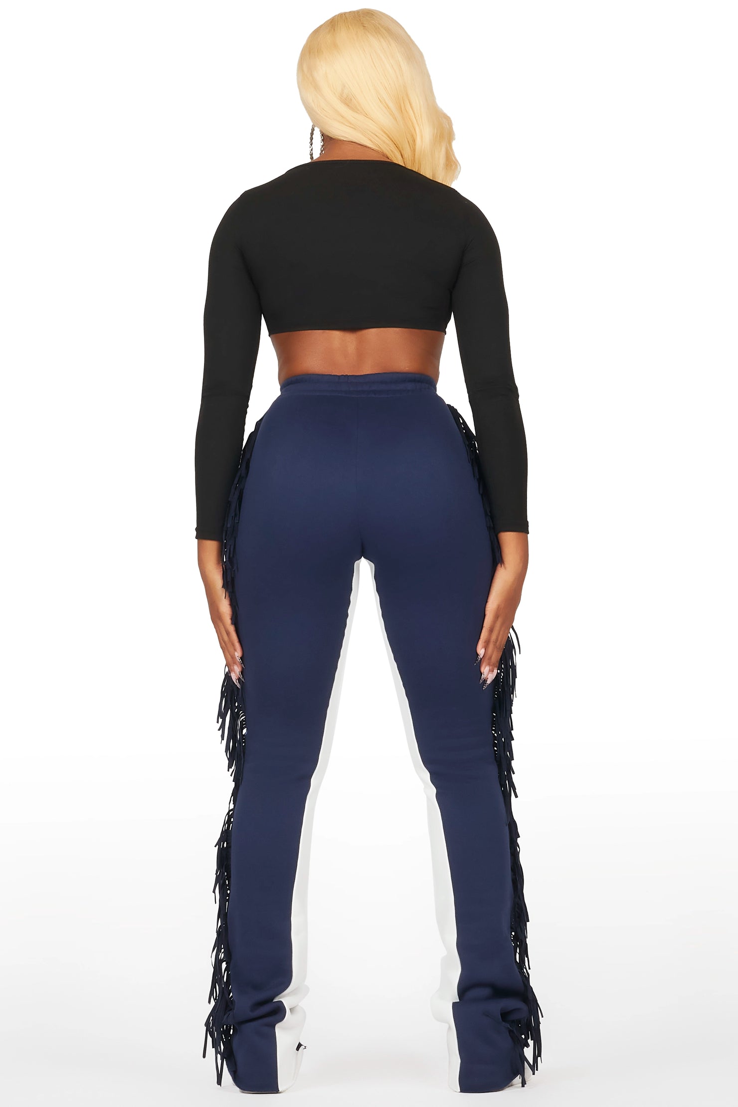 Kendra Navy Fringe Stacked Flare Track Pant