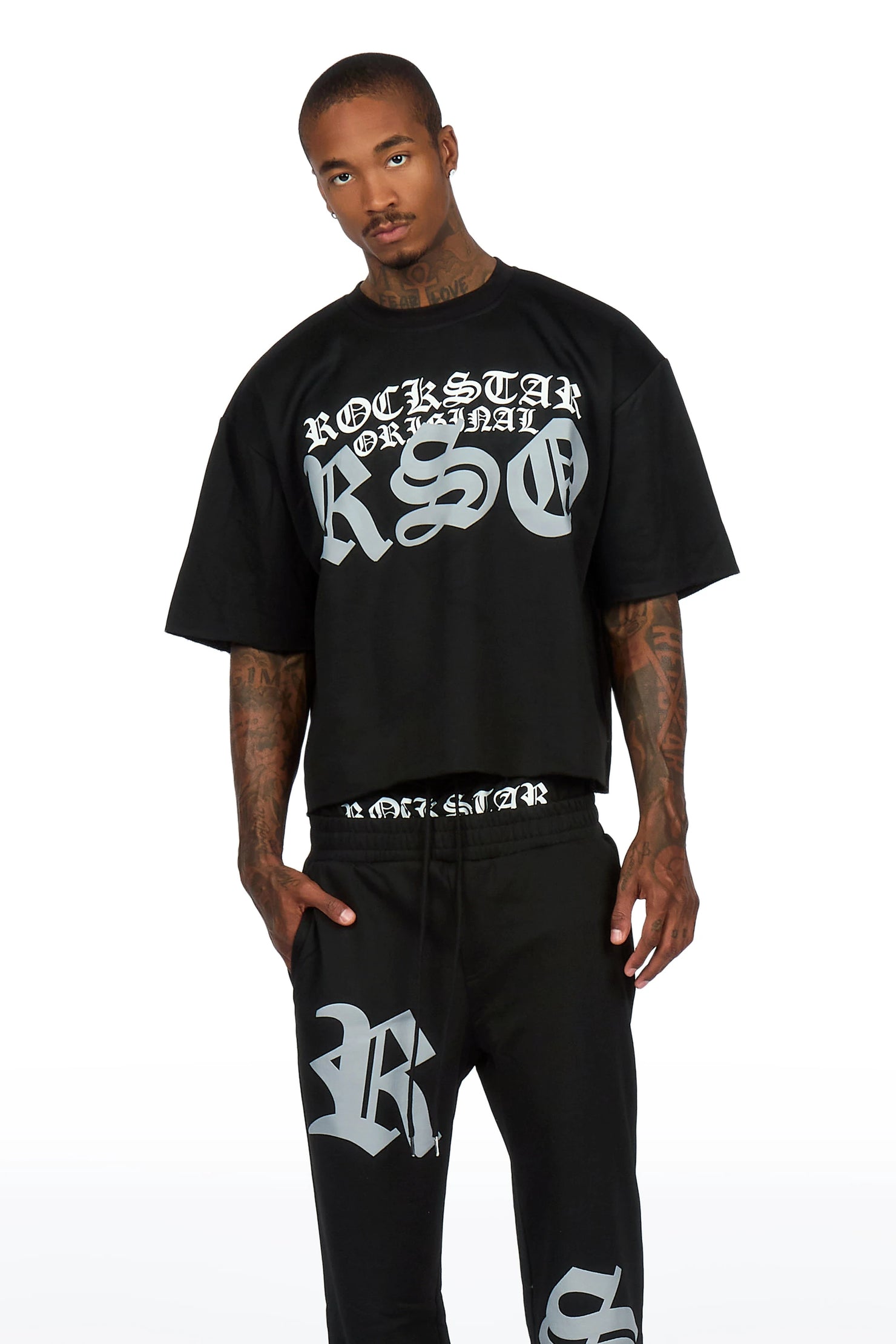 Burke Black Chenille Patch Boxy Tee/Double Waistband Pant Track Set