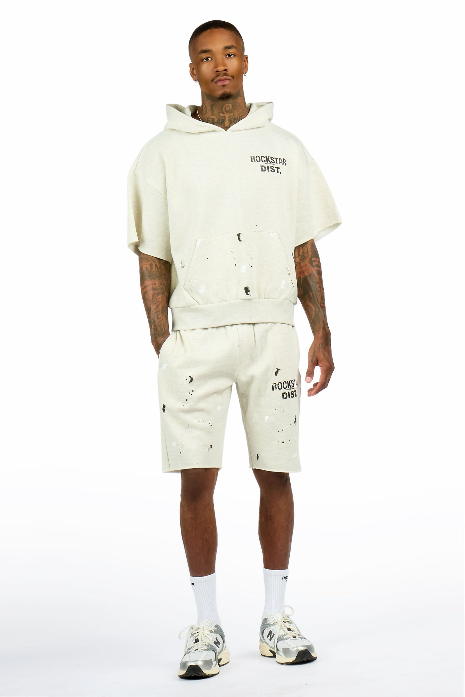 Raffer Light Oatmeal Cut Sleeve Hoodie Short Set