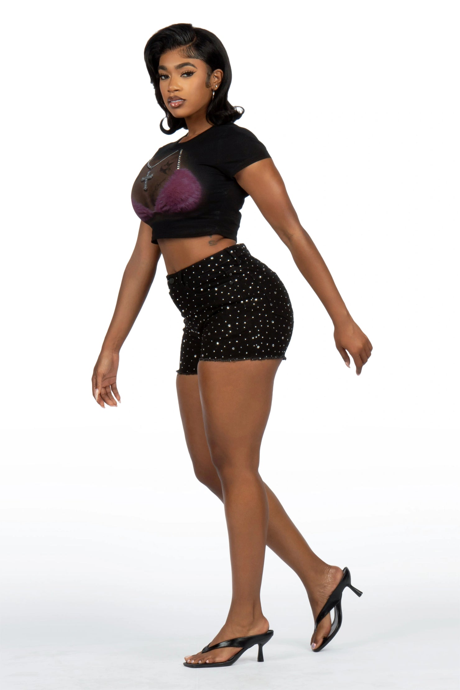 Kelle Black Rhinestone Booty Short
