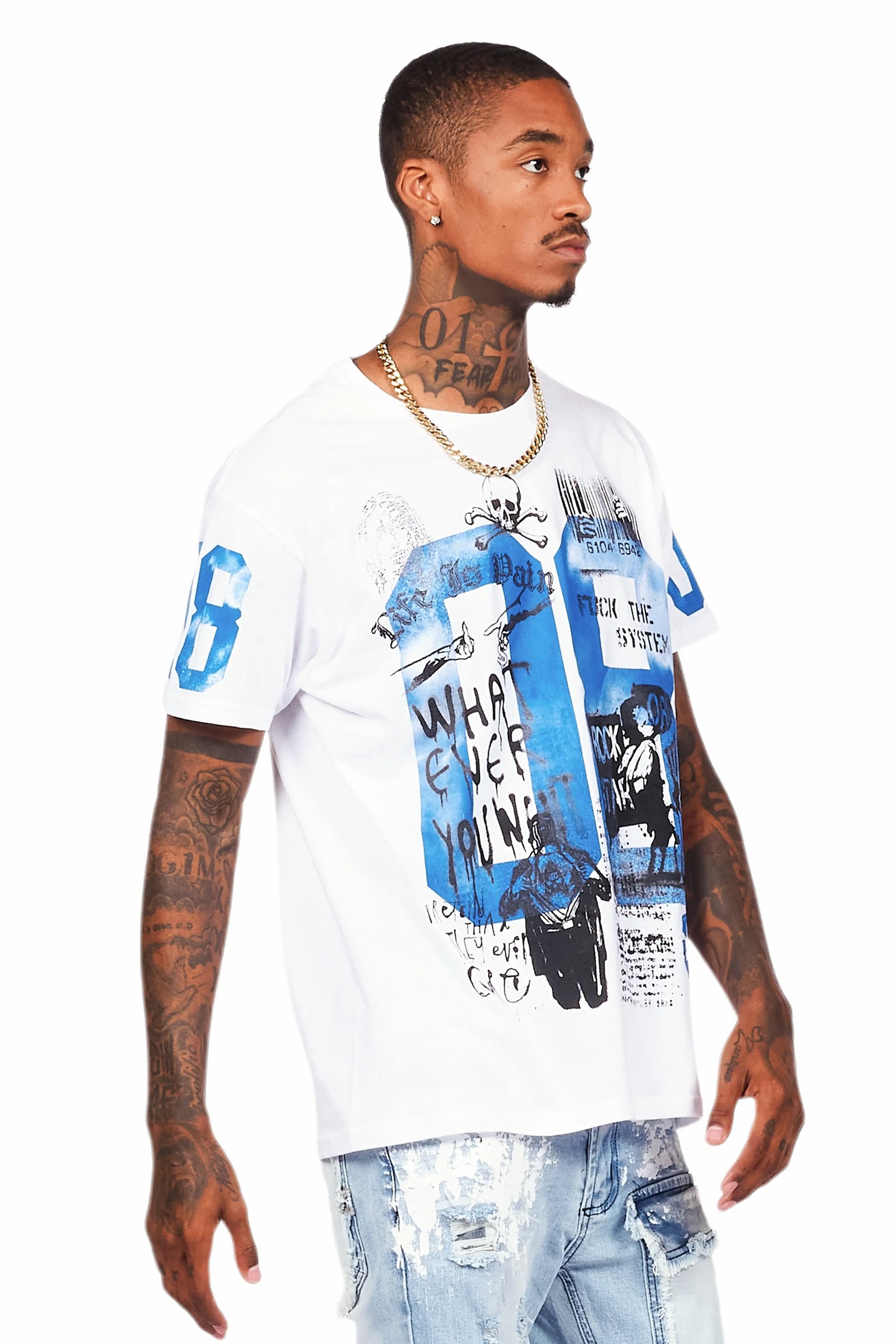 Grill White/Blue Graphic Oversized T-Shirt