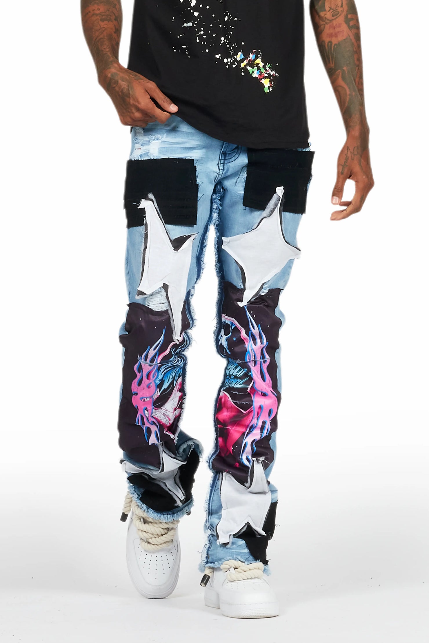 Helios Blue Patchwork Stacked Flare Jean