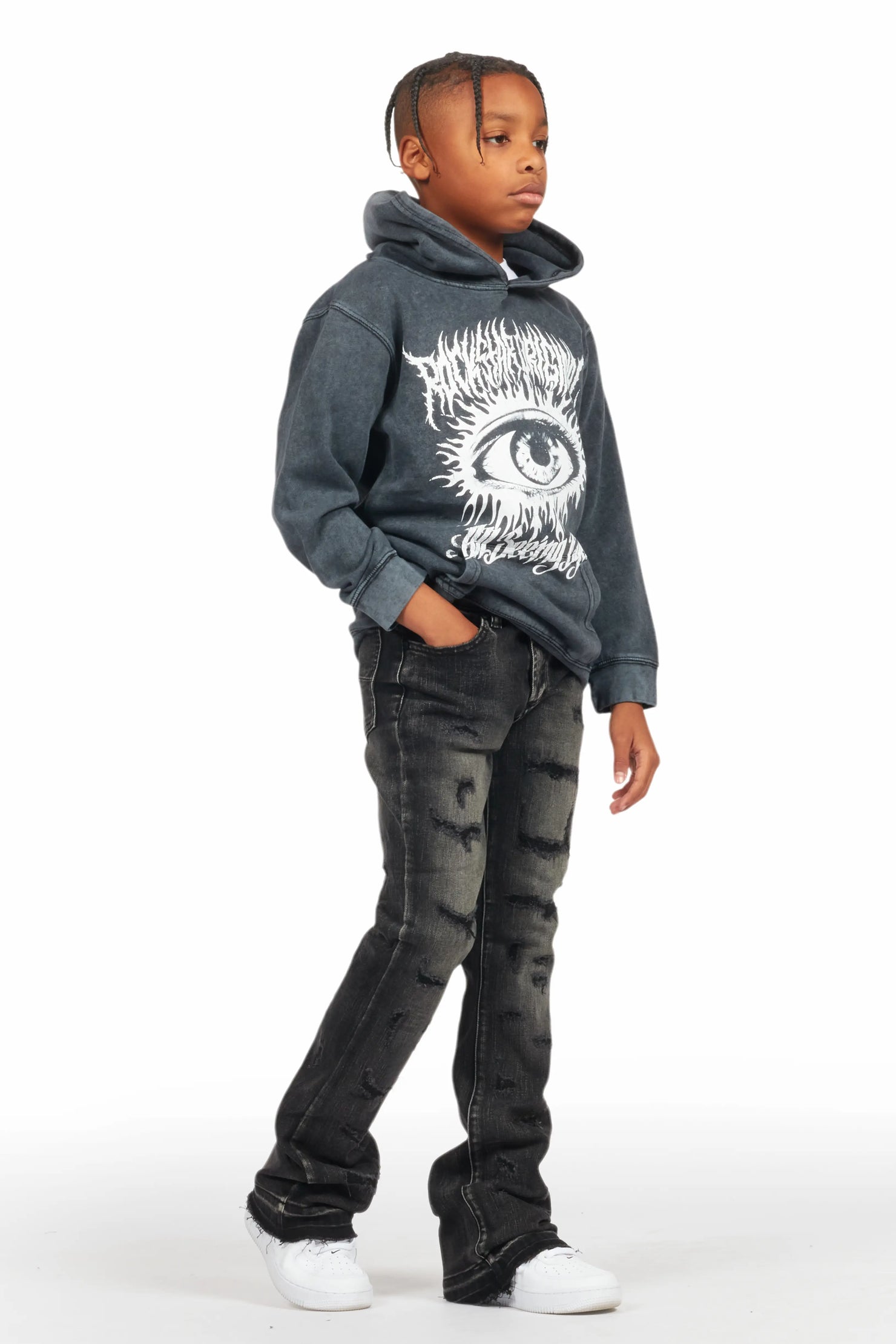 Boys All Eyes Vintage Black Hoodie/Stacked Flare Jean Set