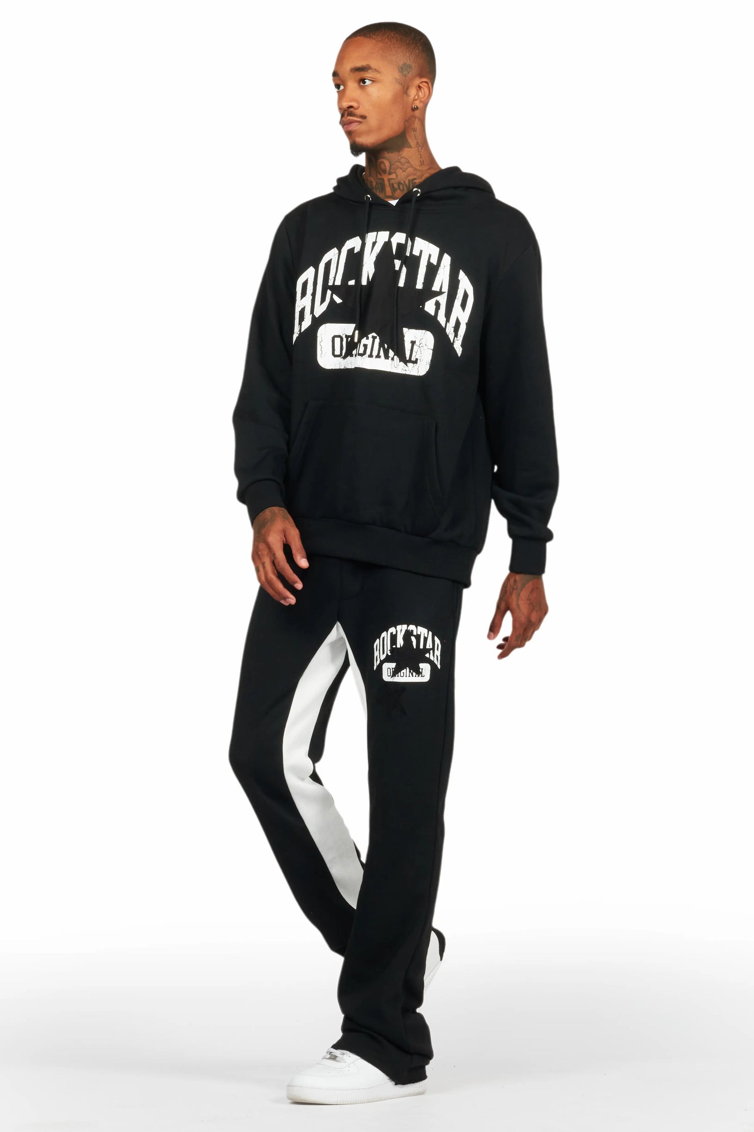 Mallor Black/White Baggy Stacked Hoodie Track Set