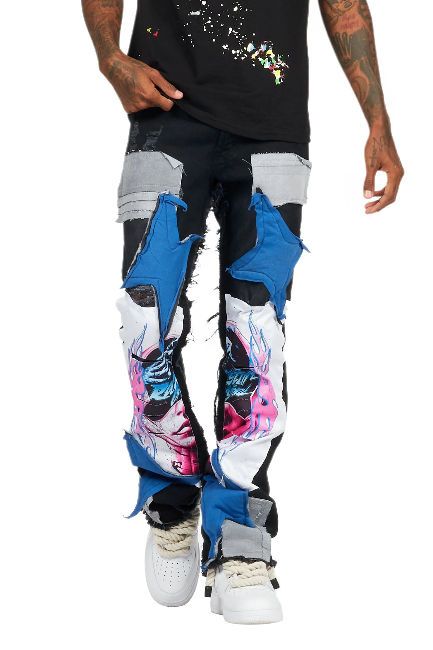 Helios Dark Grey Patchwork Stacked Flare Jean