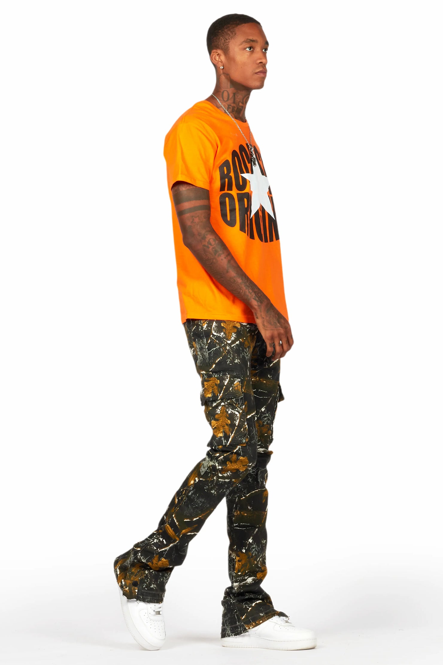 Waage Black Tree Camo Cargo Stacked Flare Jean