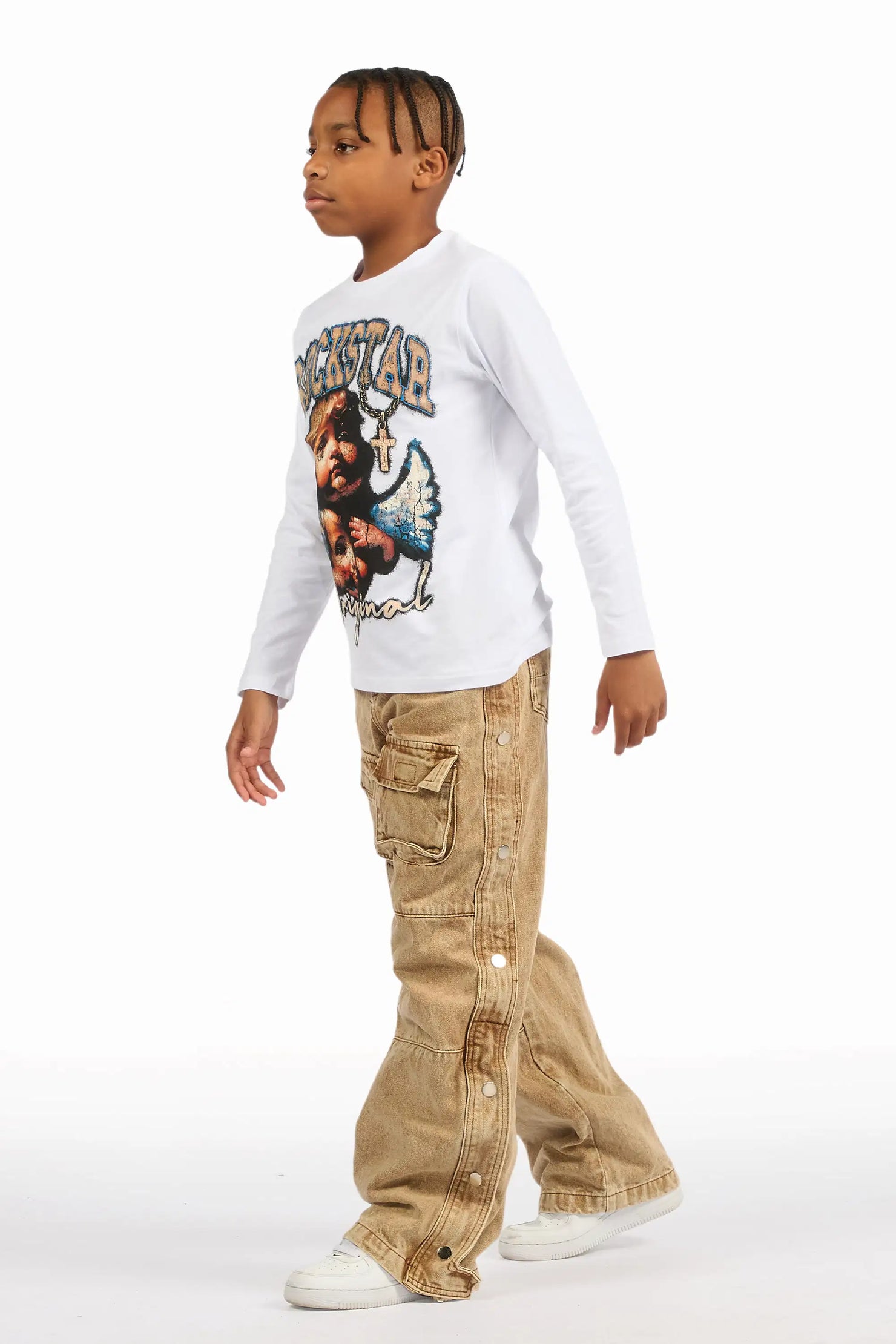 Boys Yuri Beige Baggy Fit Cargo Jean