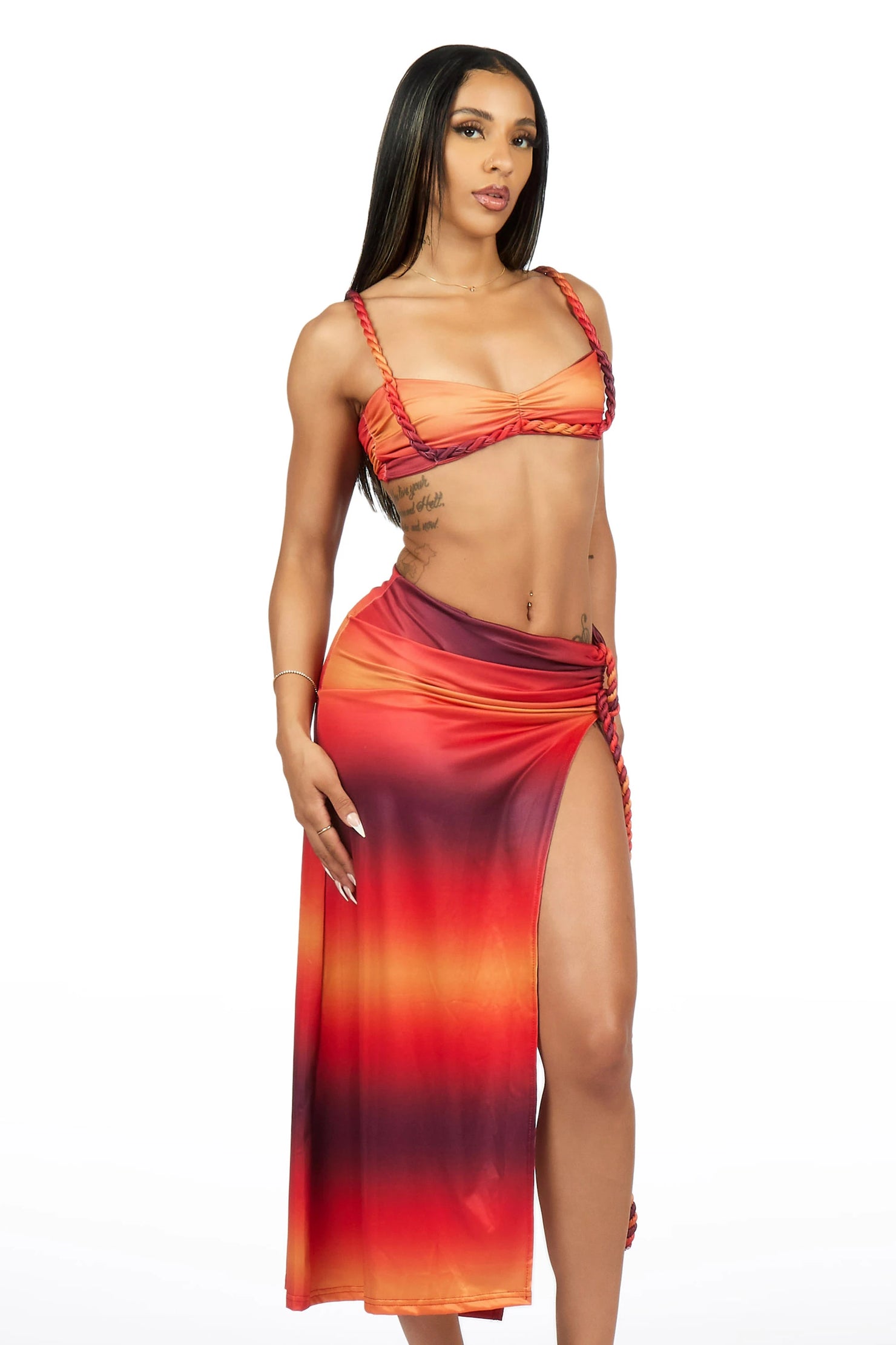 Braid-It Strap Orange Ombre Crop Top & Maxi Skirt Set