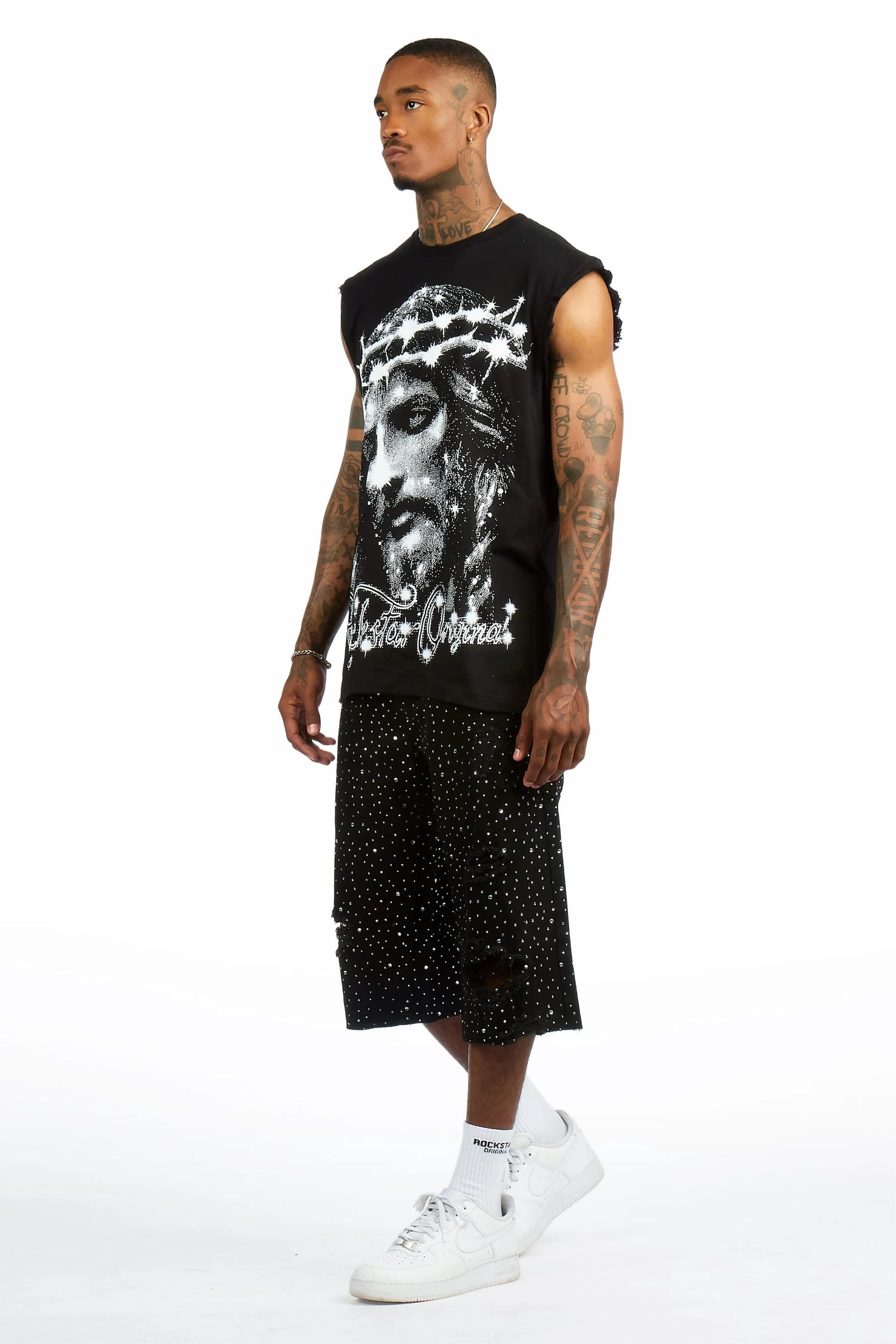 Zayir Black/Jet Black Oversized Graphic T-Shirt & Discolite Rhinestone Denim Jort Set