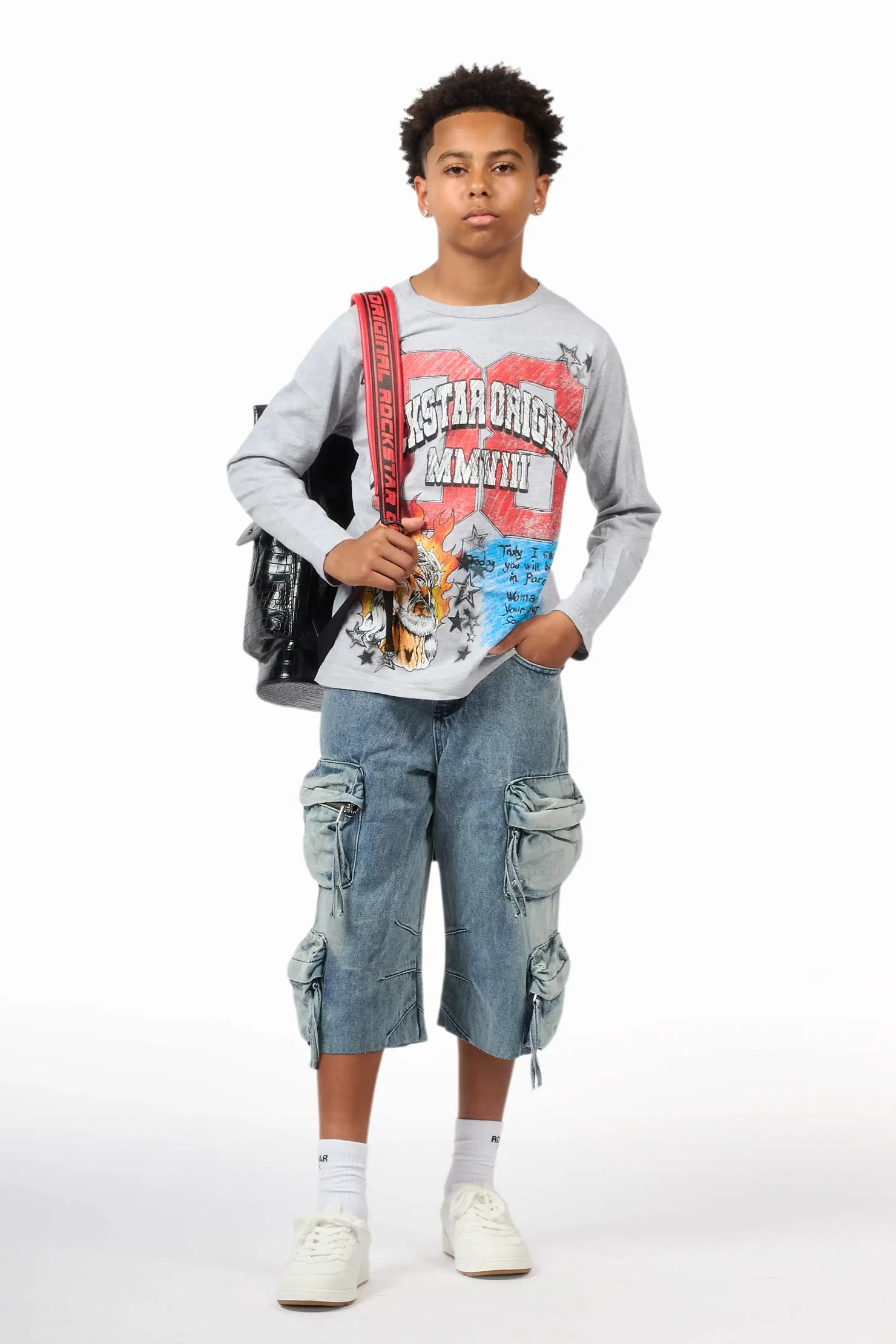 Boys Jesus Crayon Grey/Blue Long Sleeve T-Shirt/Denim Short Set