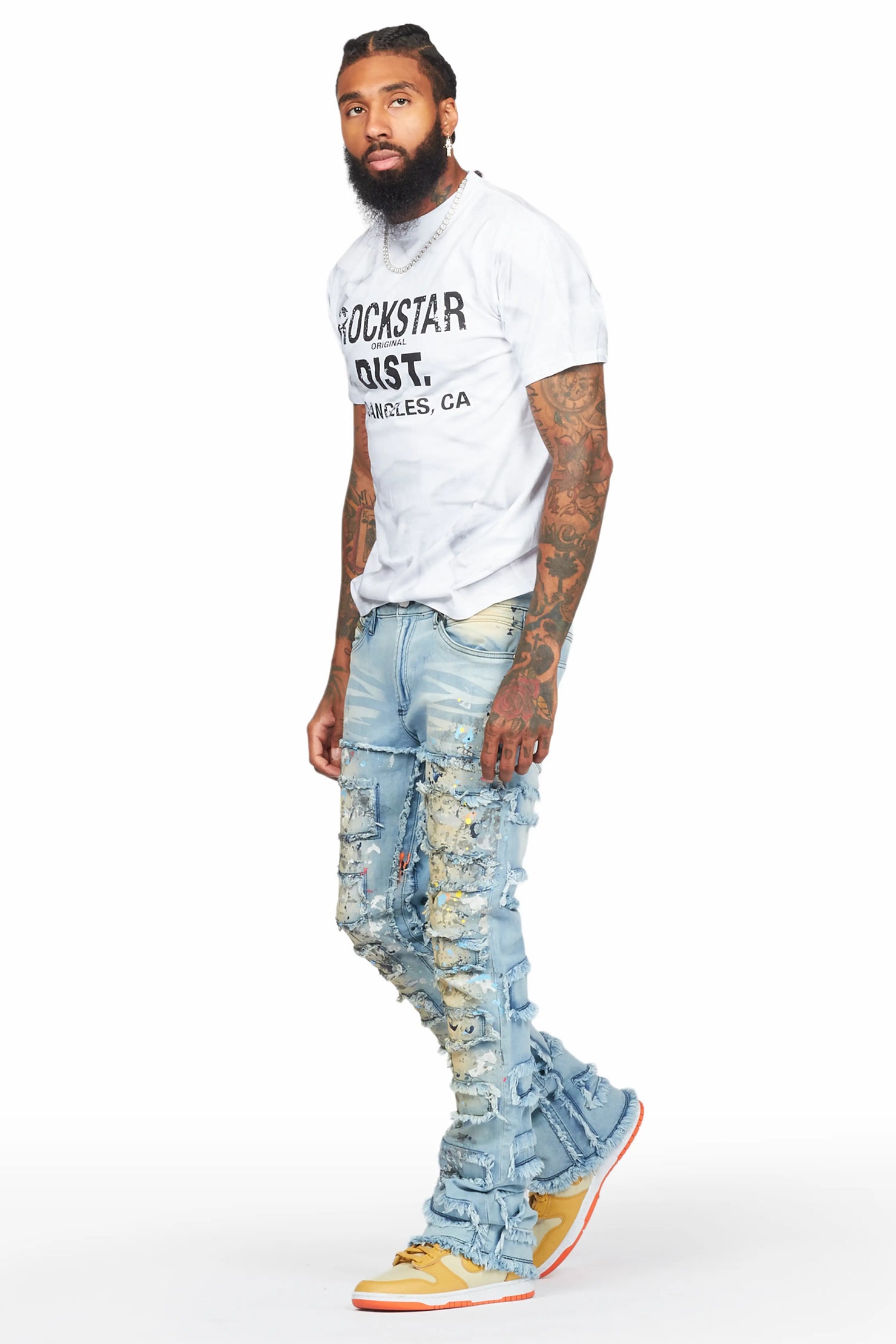 Qasim Blue Painter Stacked Flare Jean