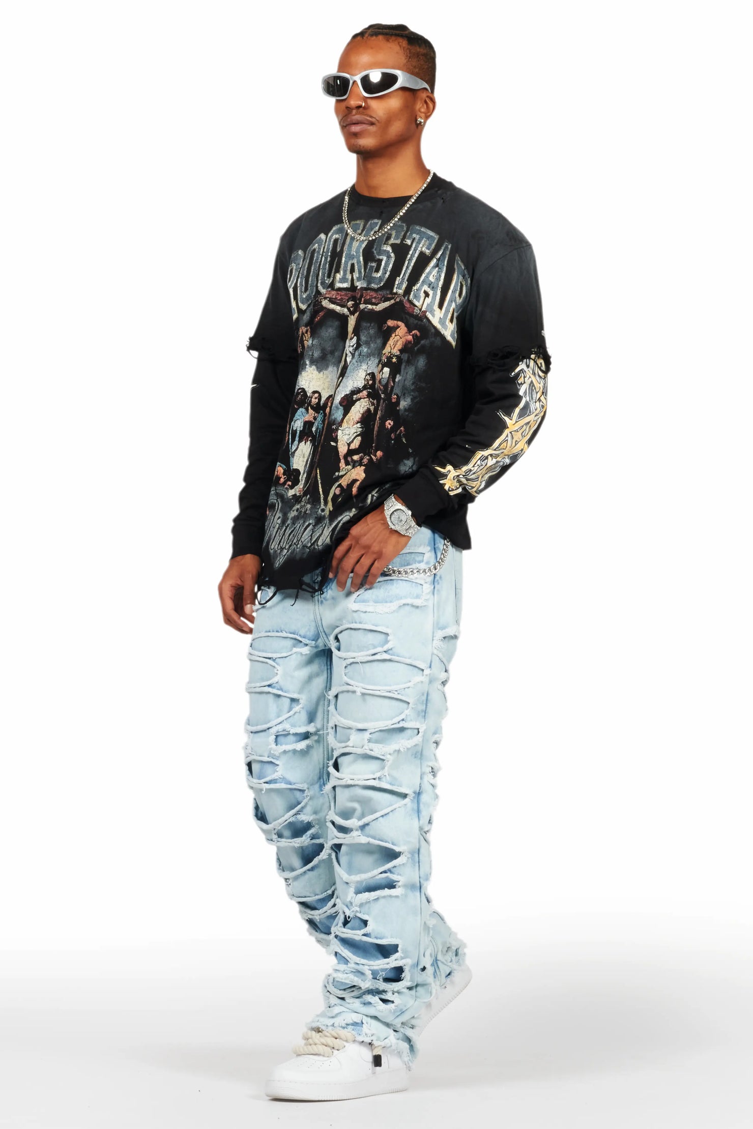 Waller Black Double Layer Long Sleeve Graphic T-Shirt