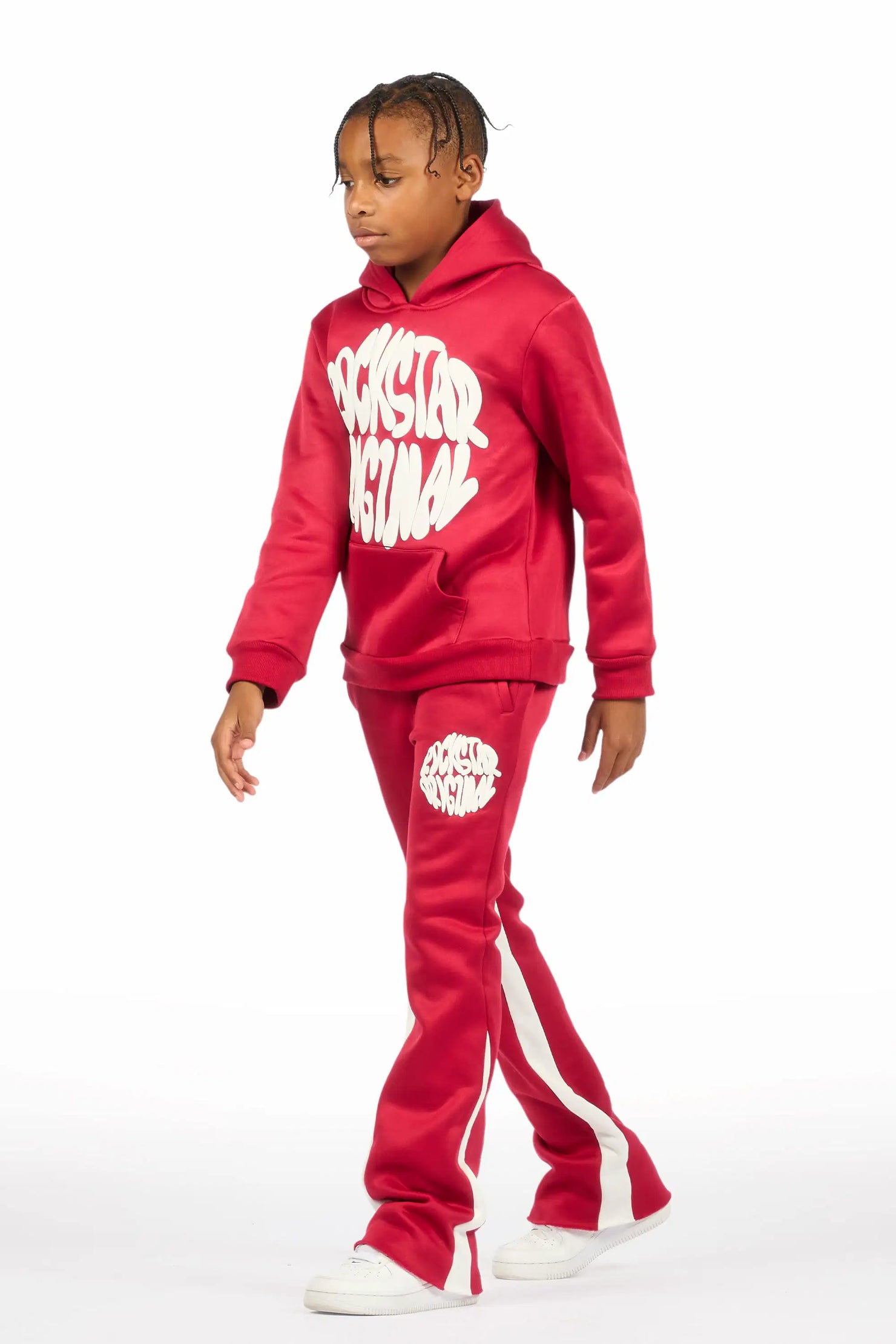 Boys Thierry Burgundy/White Stacked Flare Track Pant Set