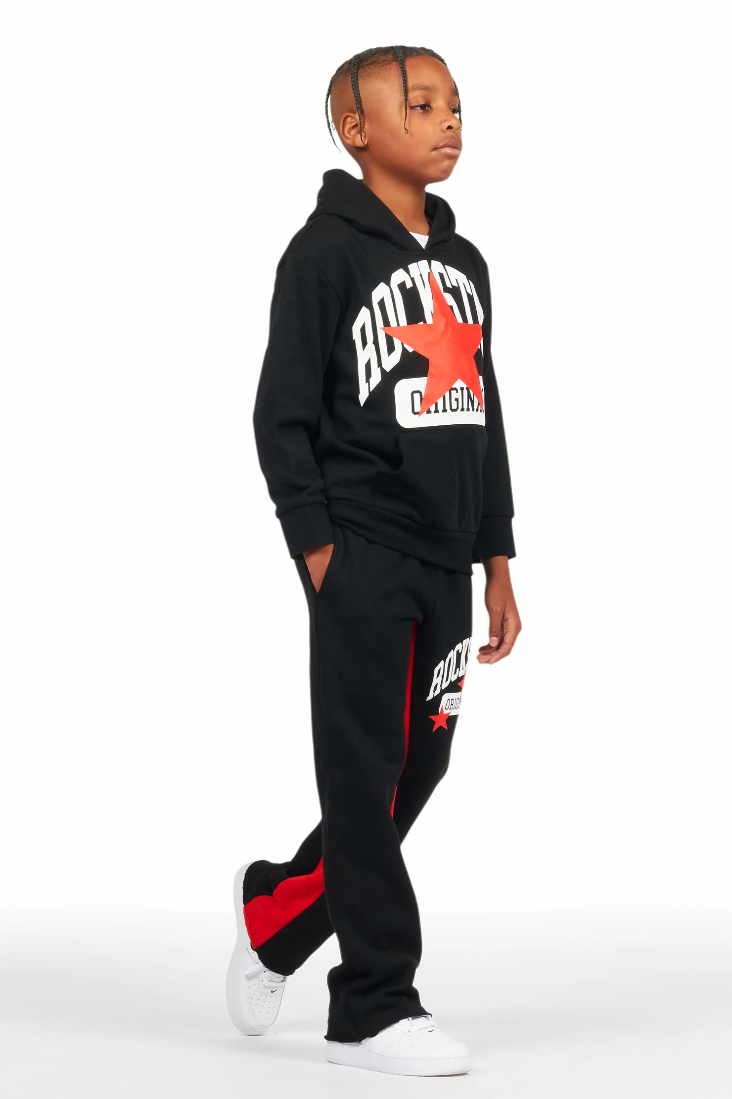 Boys Mallor Black/Red Baggy Stacked Hoodie Track Set