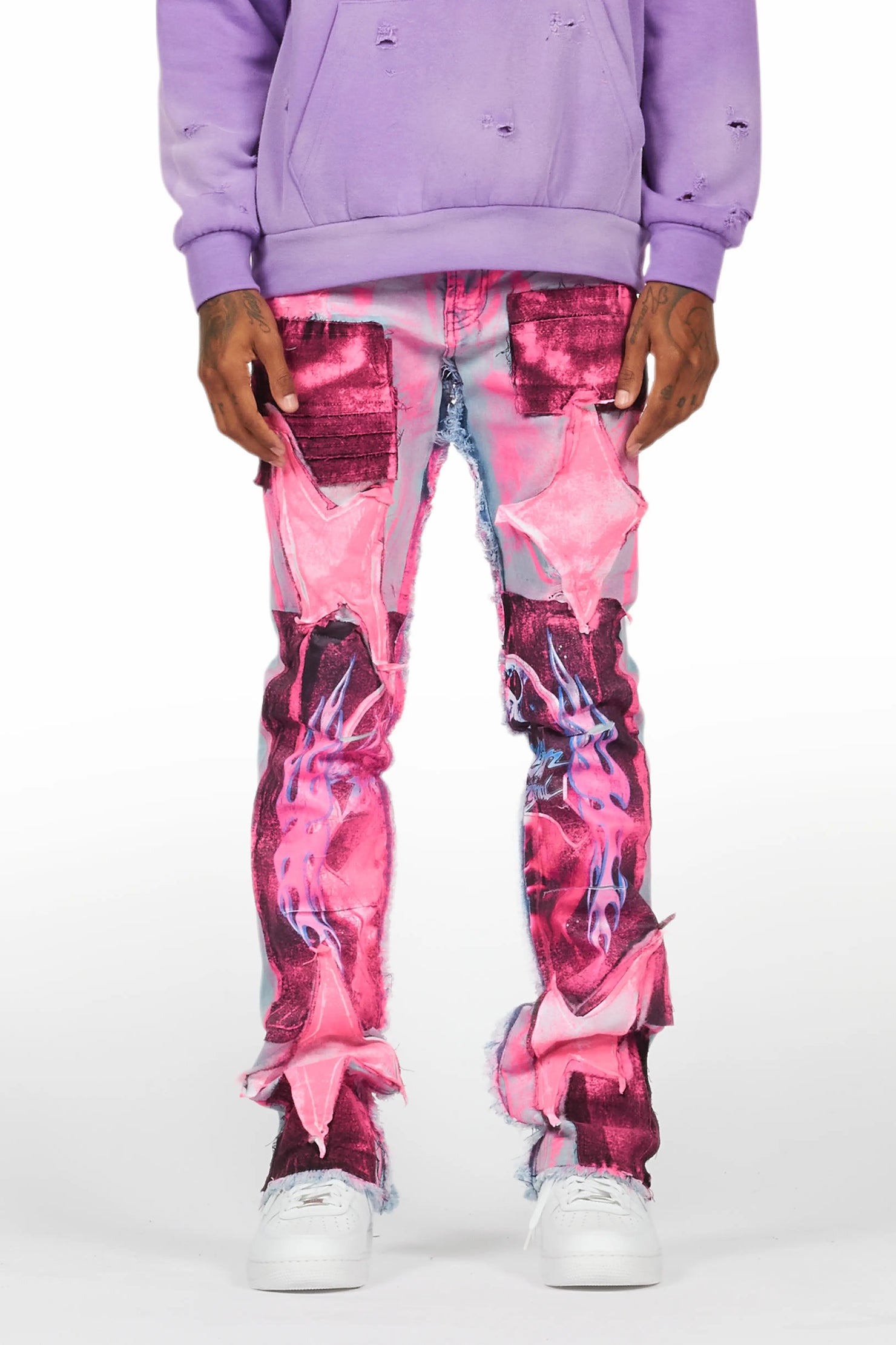 Helki Blue/Pink Roller Paint Stacked Flare Jean