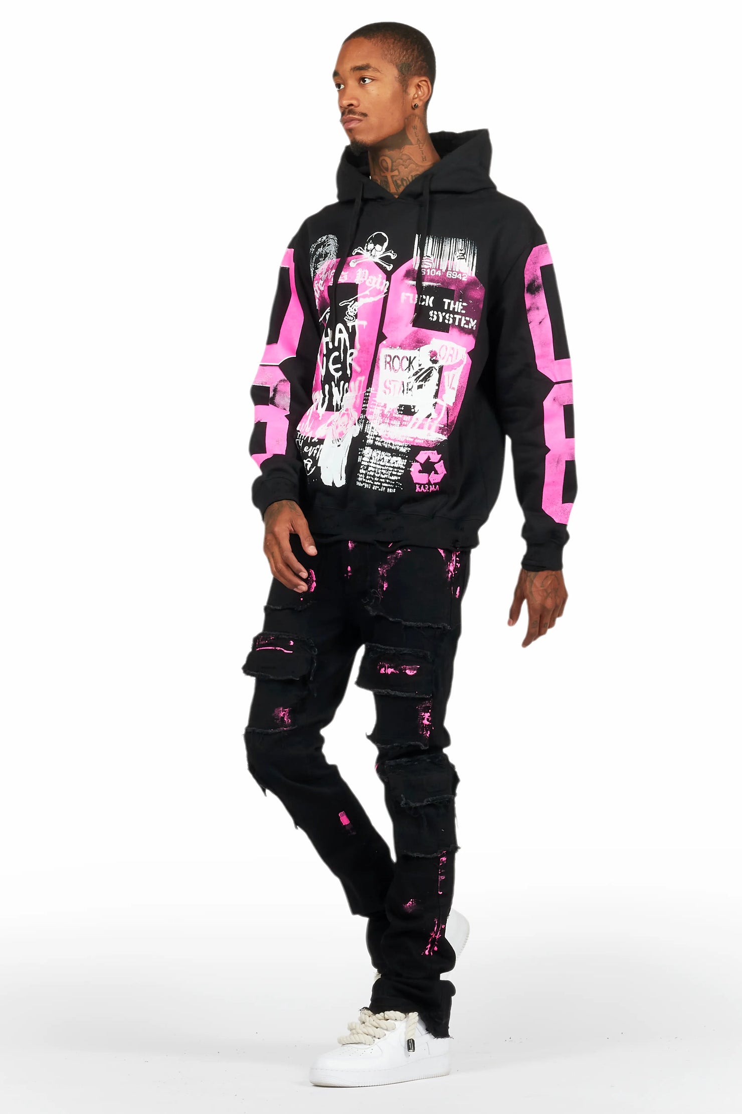 Grill Black/Pink Hoodie/Stacked Flare Jean Bundle