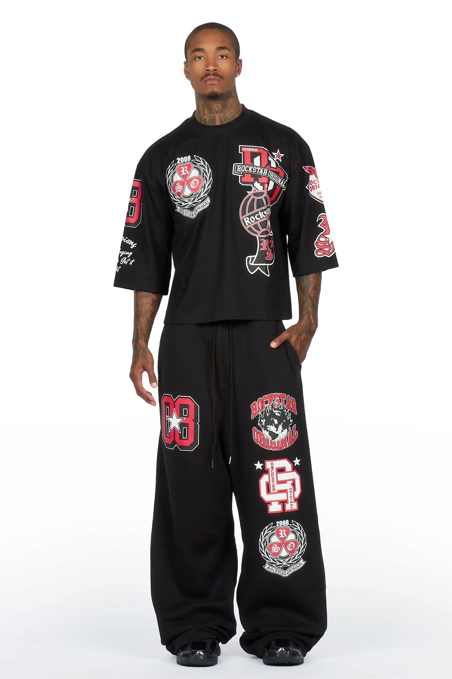 Gallant Black 3/4 Crop Boxy Tee/ Fleece Baggy Pant Track Set