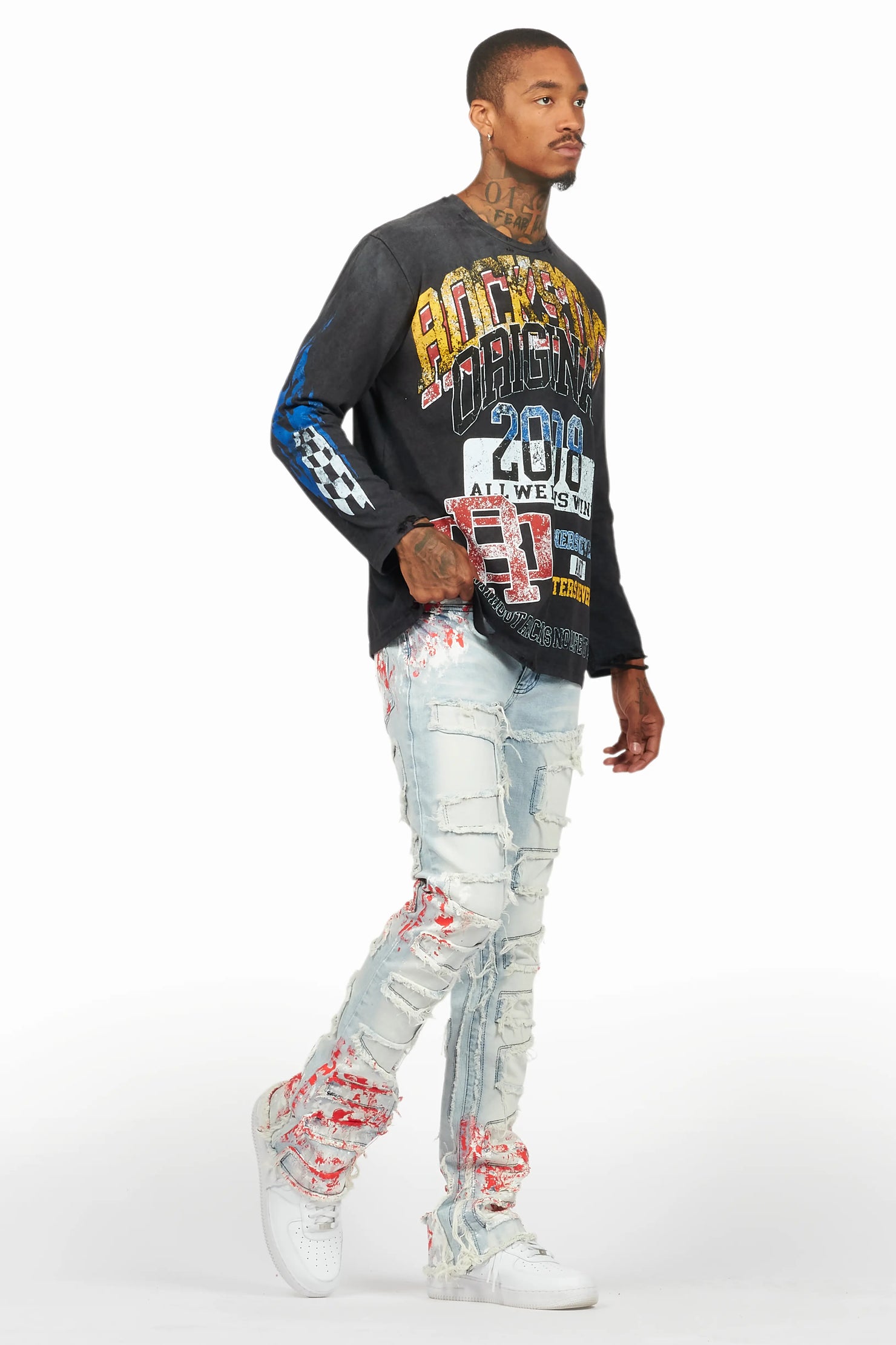 Kodak Blue/Red Painter Stacked Flare Fringe Jean