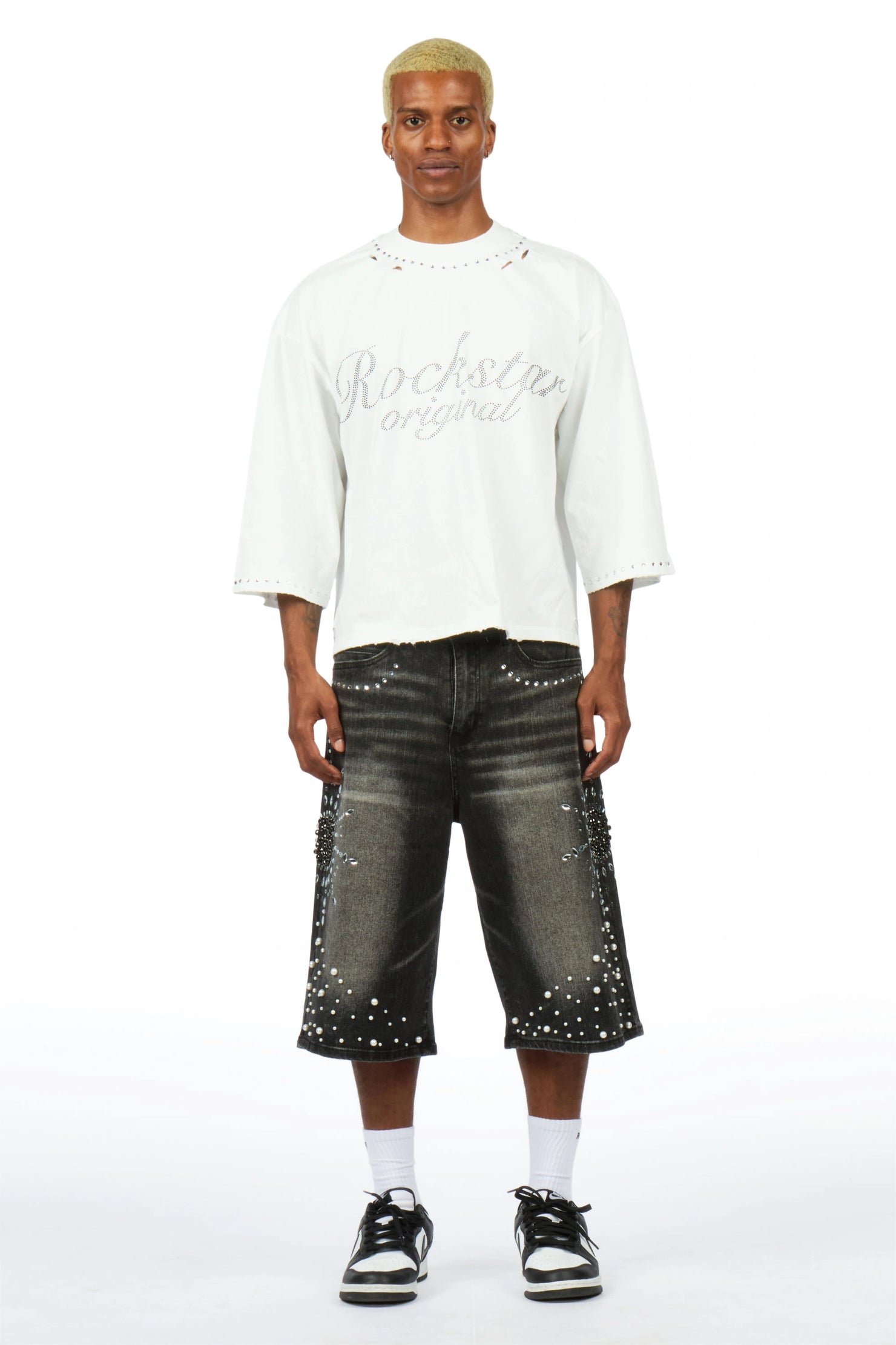 Tryst Grey Rhinestone T-Shirt Denim Jort Set