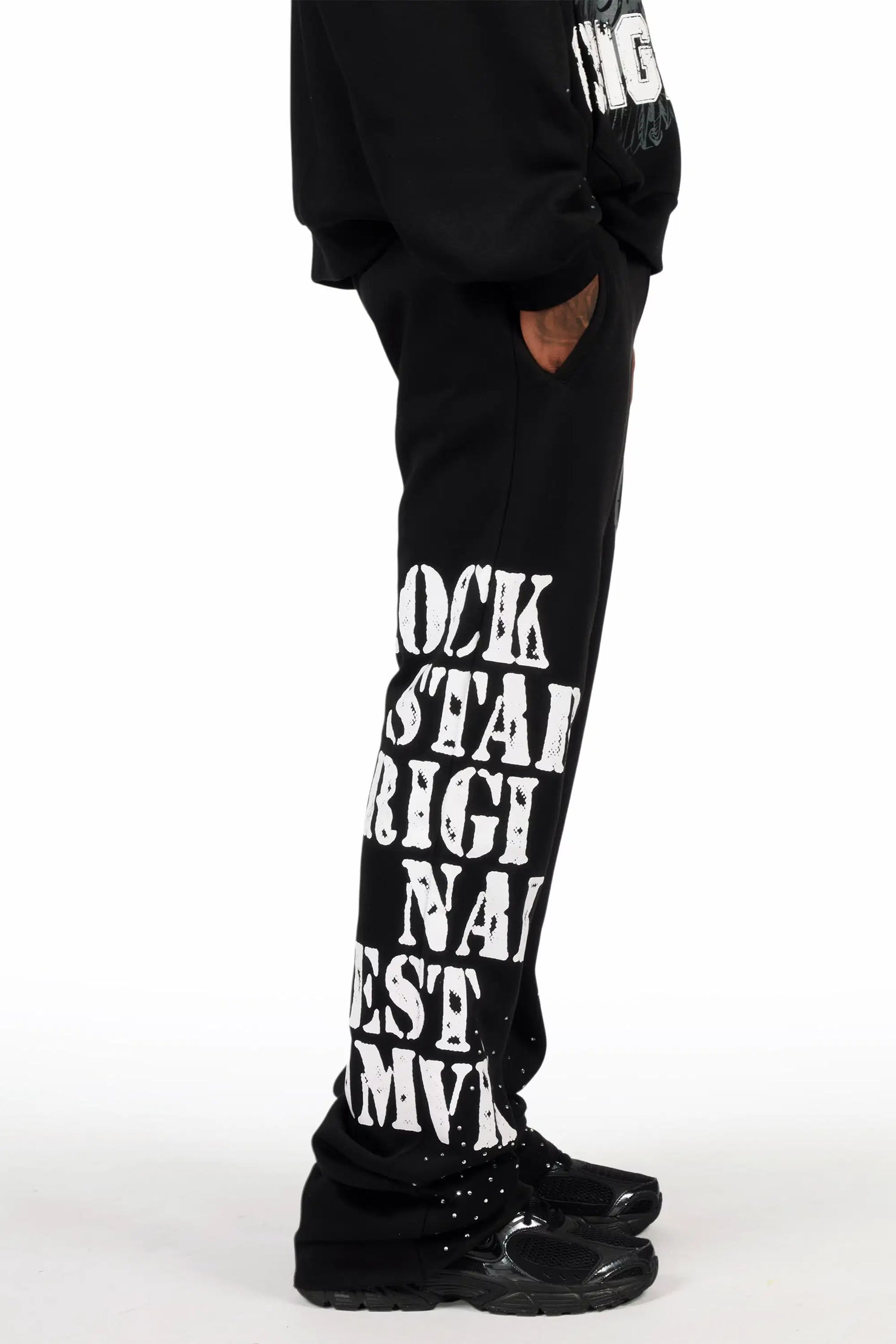 Borya Black Rhinestone Hoodie/Stacked Pant Track Set