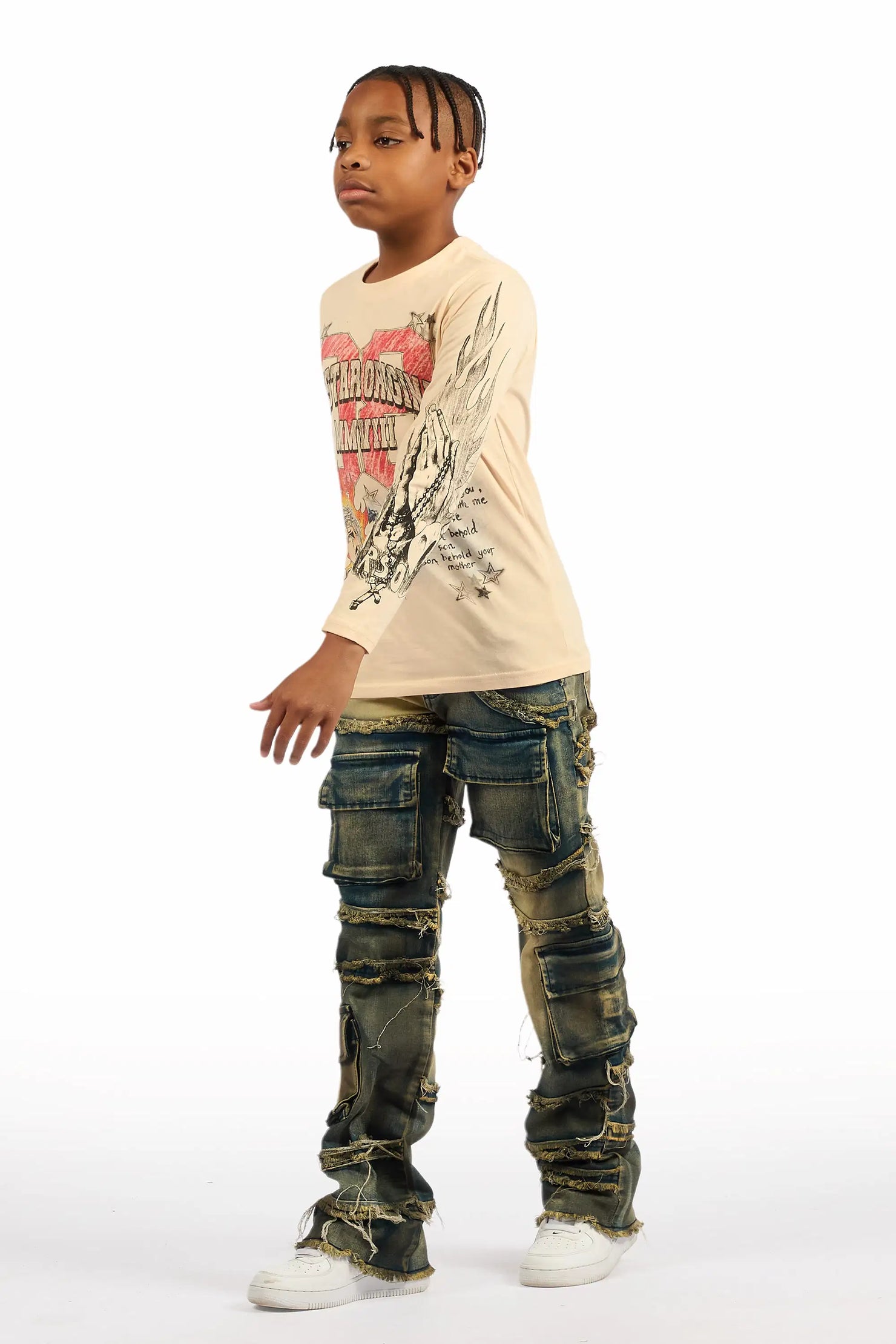 Boys Yves Blue Stacked Flare Cargo Jean