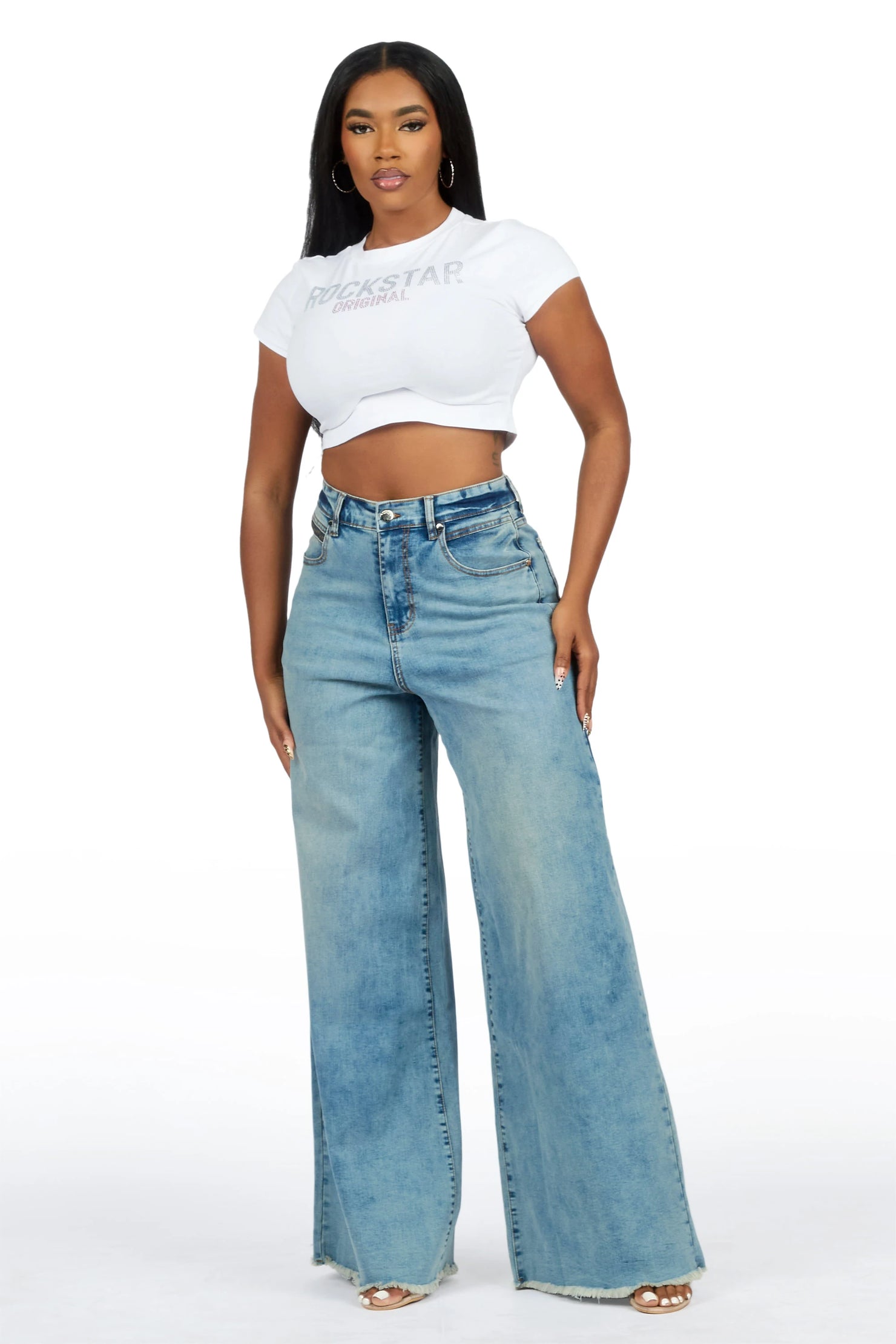 Cegaria Light Wash High Rise Elastic Back Stretch Baggy Jean