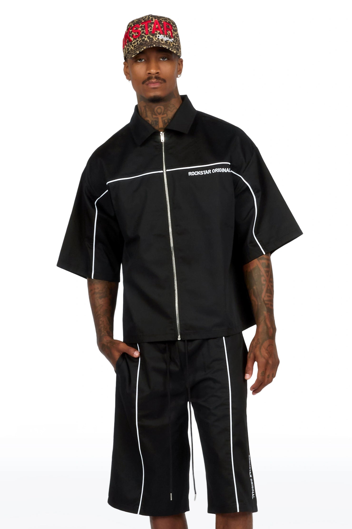 Izan Black Zip Up Short Sleeve Twill Short Set
