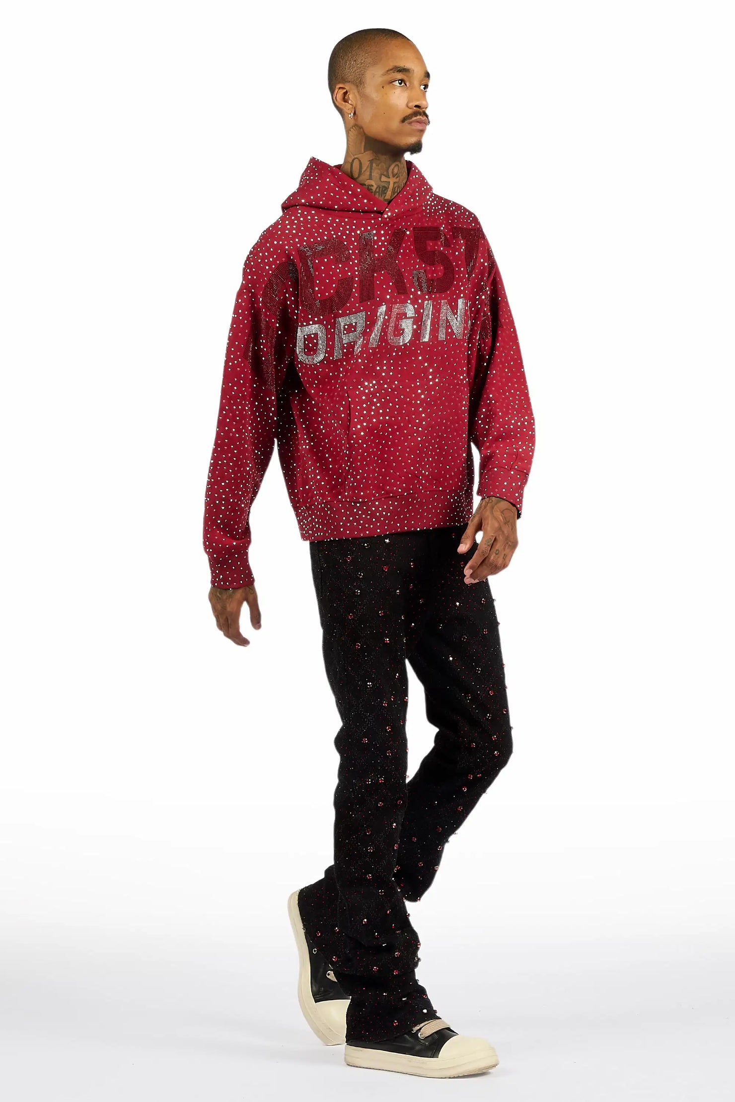 Glit Black/Red Rhinestone Stacked Flare Jean