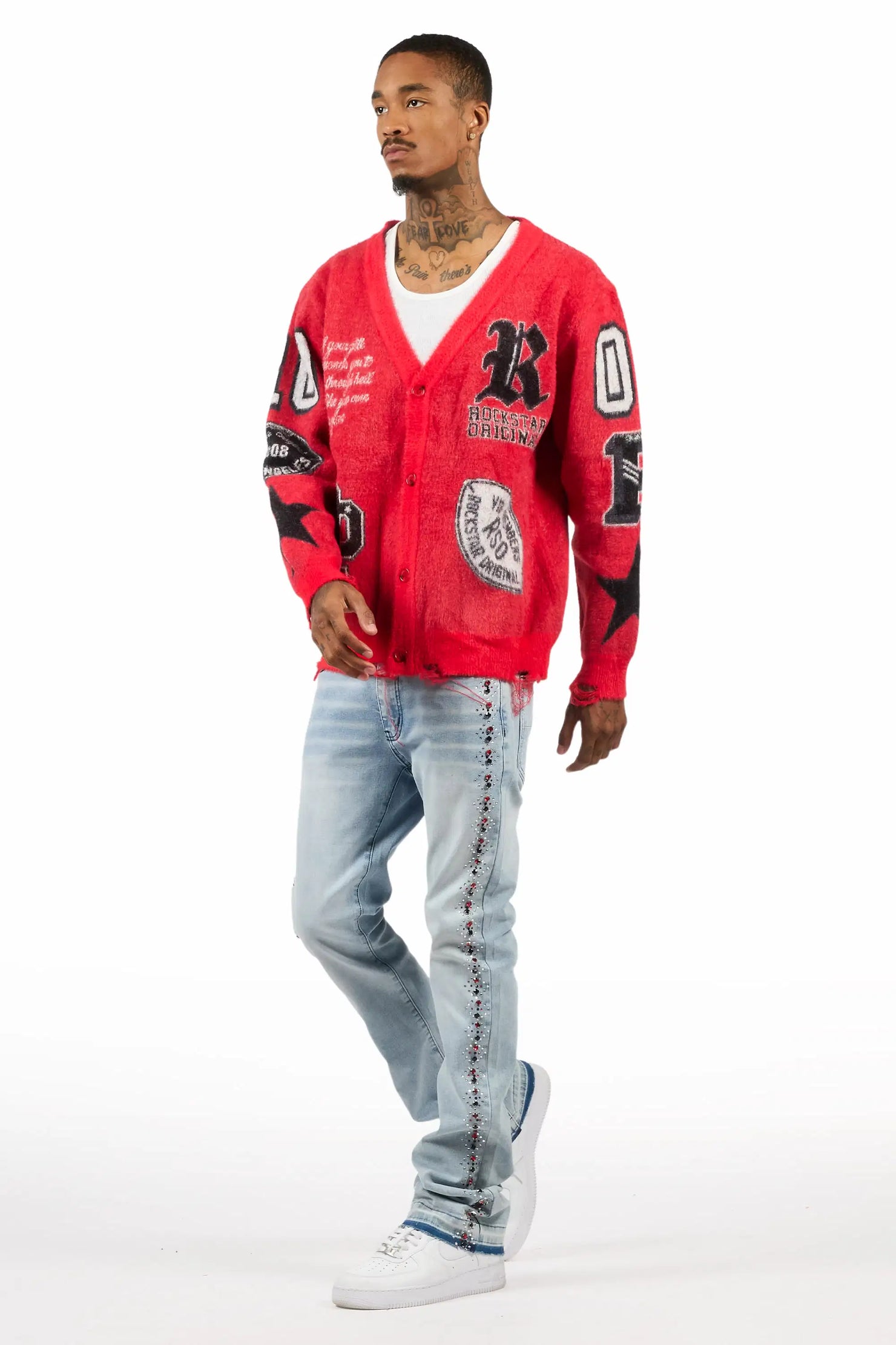 Ozi Rhinestone Light Blue Stacked Flare Jean