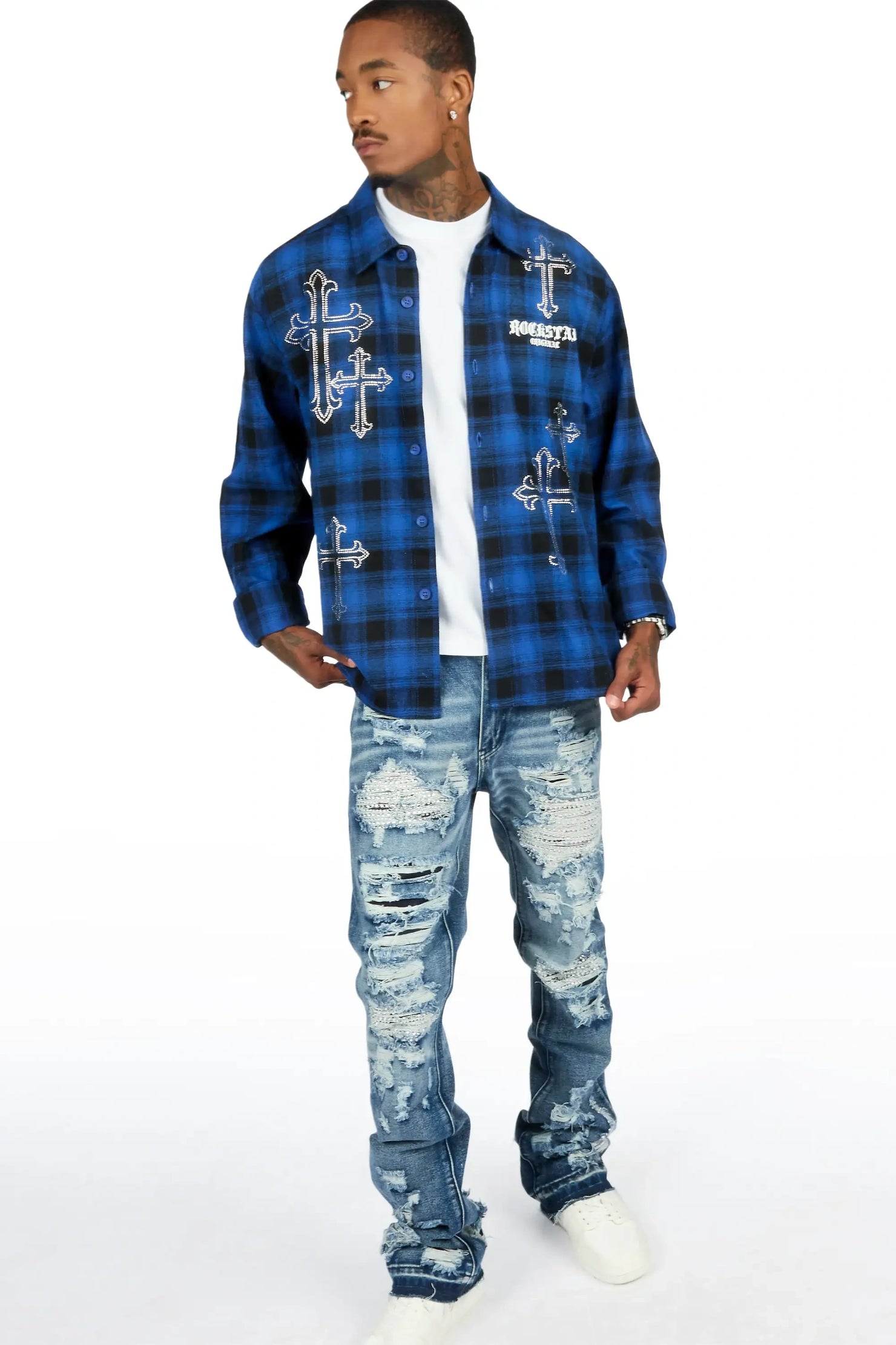 Poldi Royal Rhinestone Flannel Long Sleeve Shirt